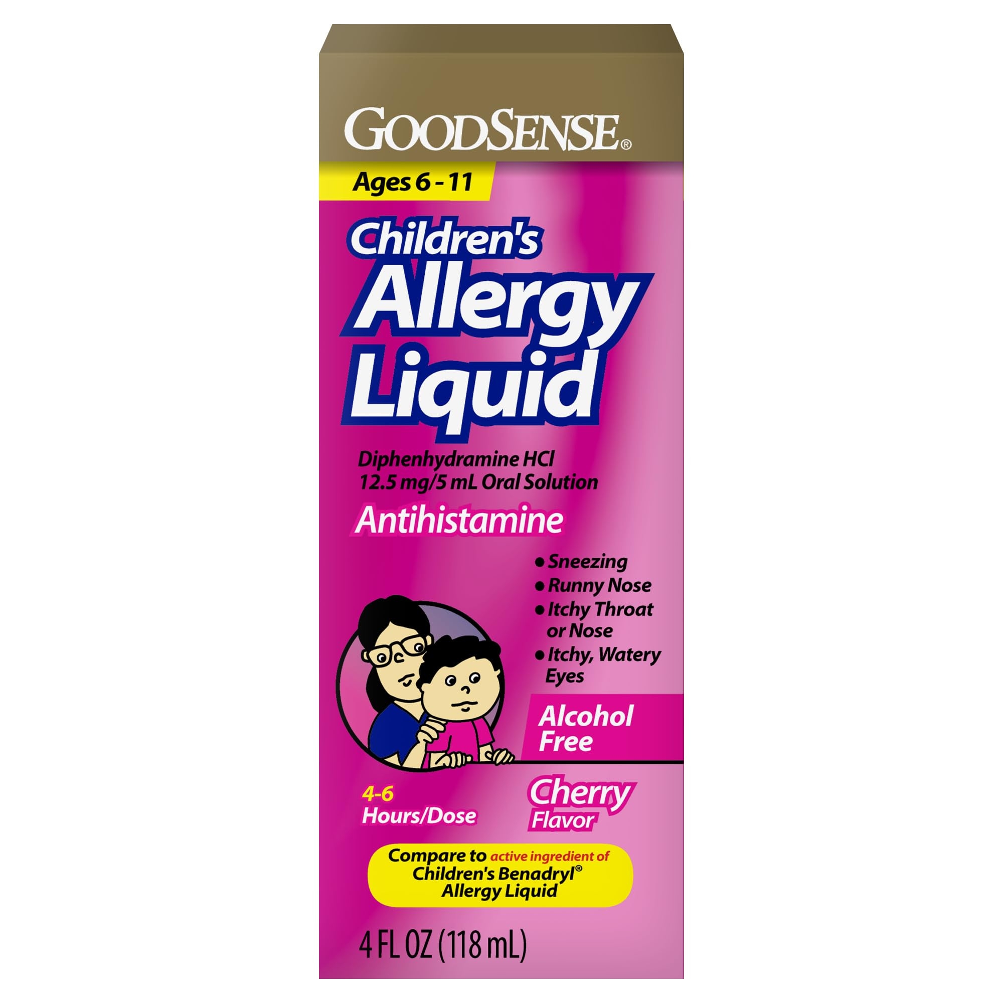 GoodSense Children's Allergy Relief, Liquid Medicine with Diphenhydramine HCl, Cherry Flavor