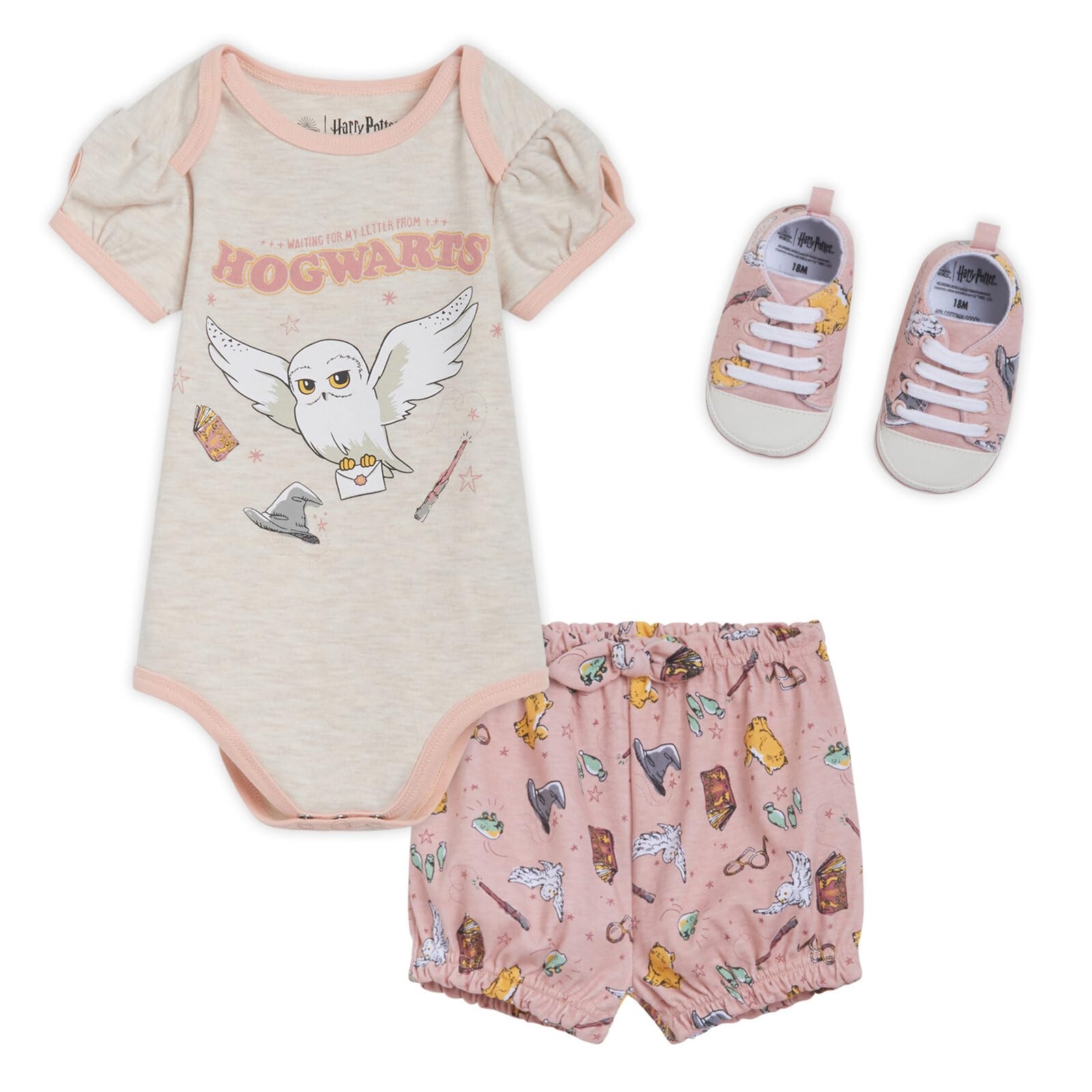 Harry Potter Baby Bodysuit, Shorts and Shoes 3 Piece Outfit Set Newborn to Infant Sizes (0-3 Months - 24 Months)