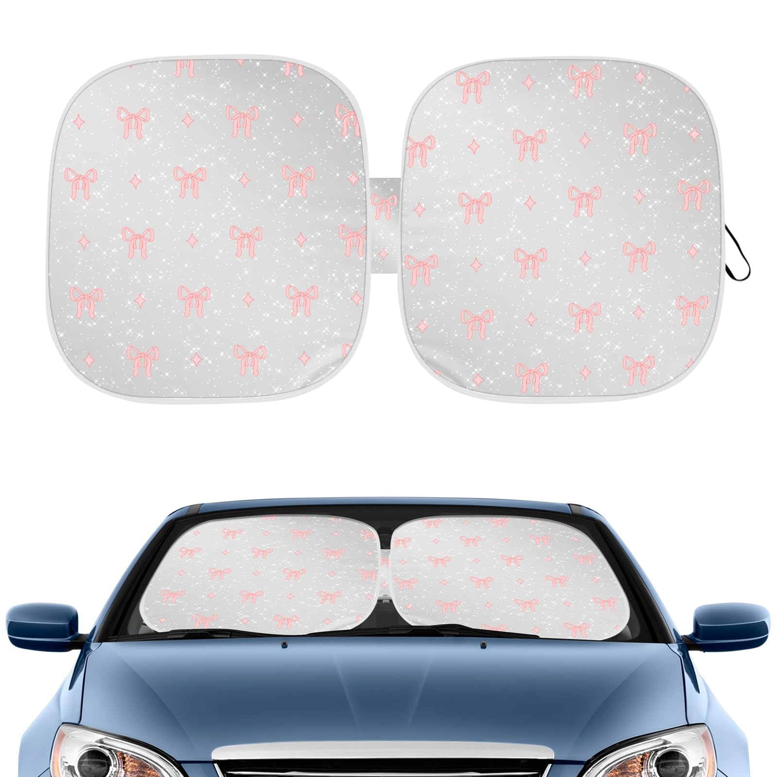 Pink Bow Print Car Windshield Sun Shade, Foldable Reflective UV Protection Sun Visor with Storage Pouch, Auto Interior Accessories for Sedan, SUV, Hatchback