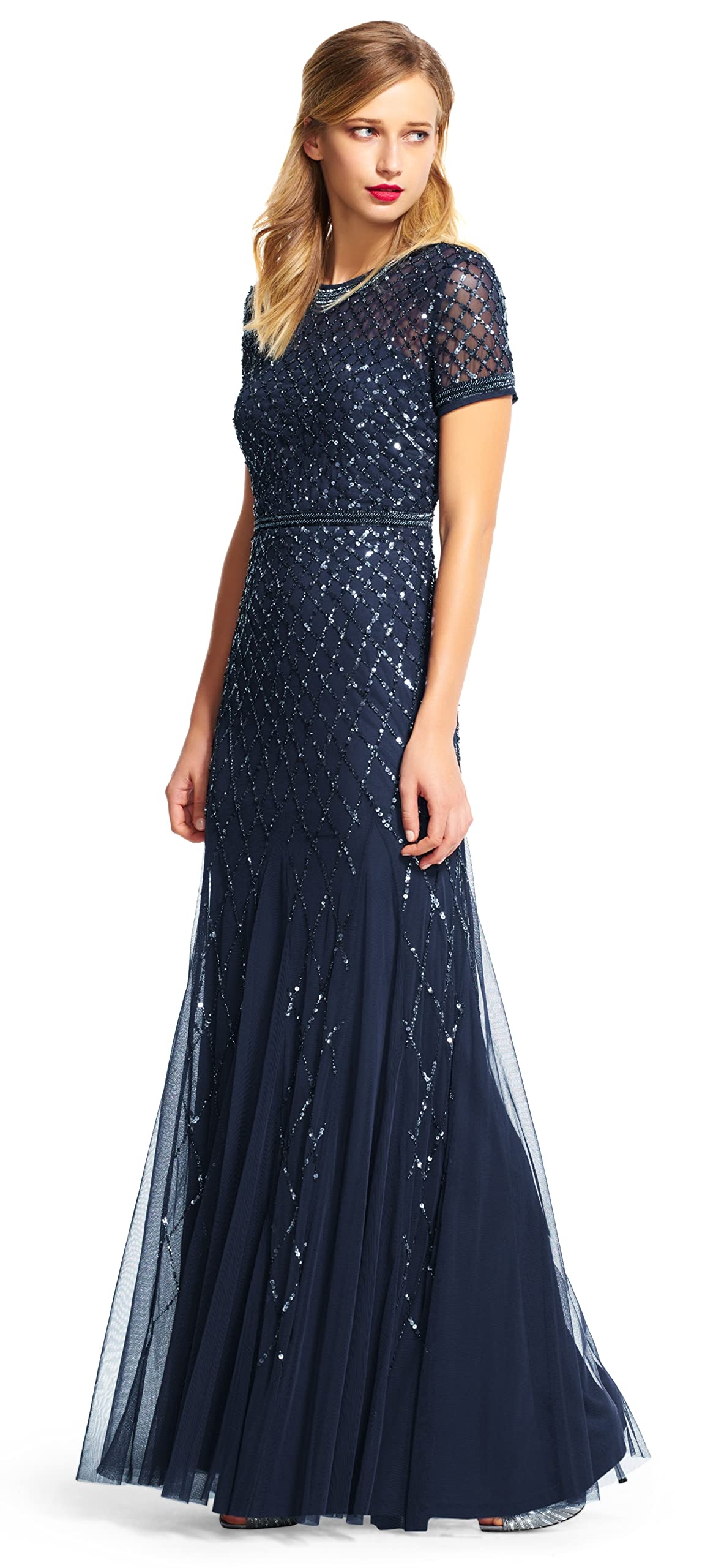 Adrianna Papell Women's Short-Sleeve Grid Beaded Gown