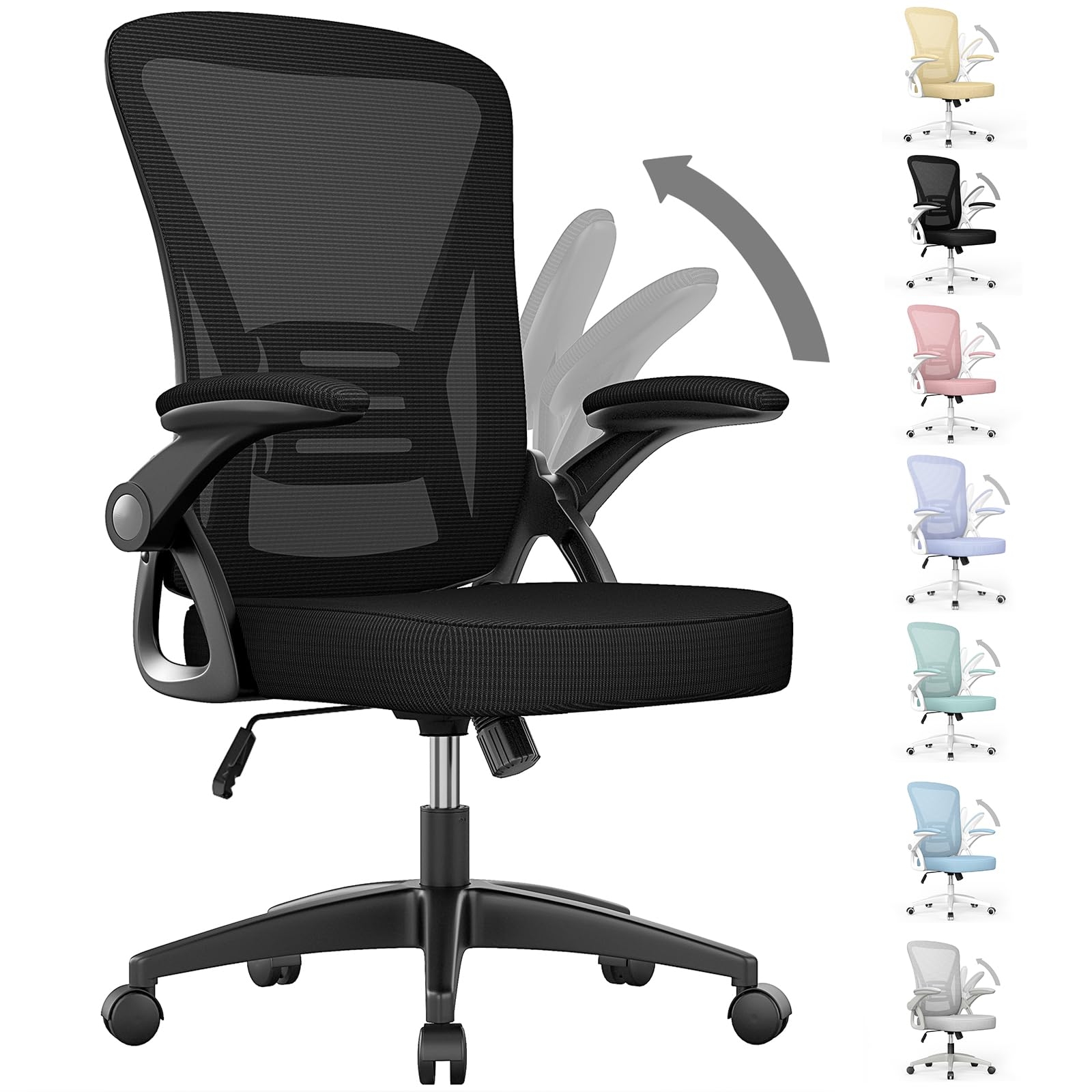 naspaluro Ergonomic Office Chair, Mid Back Desk Chairs with Adjustable Height, Swivel Chair with Flip-Up Arms and Lumbar Support, Breathable Mesh Computer Chair for Home/Study/Working, Dark Black