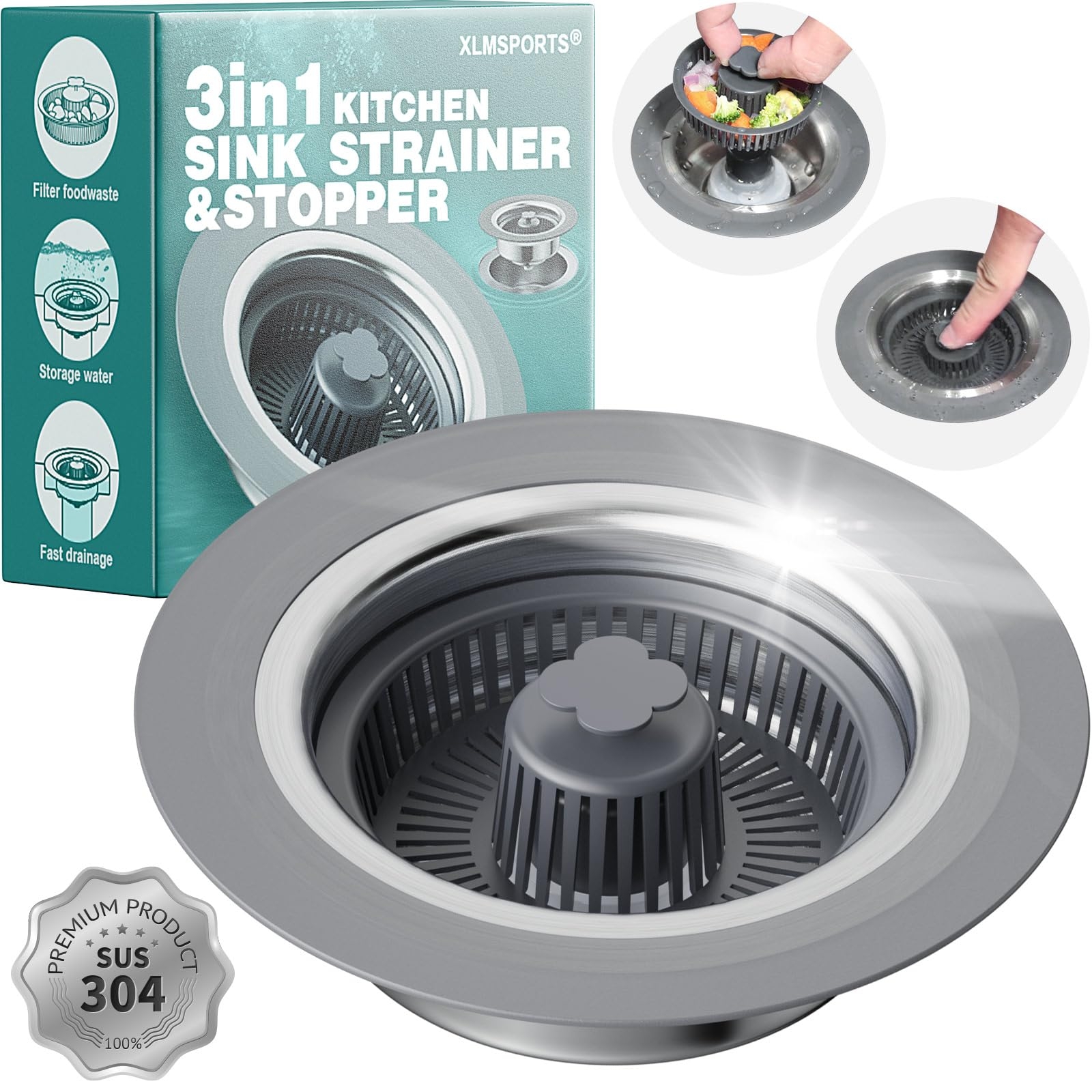 XLMSPORTS 3 in 1 Kitchen Sink Drain Strainer and Stopper, 304 Stainless Steel Pop-up Anti-Clogging Basket Strainer, Fast Drainage Kitchen Sink Plug for Standard 3-1/2" Drain Hole