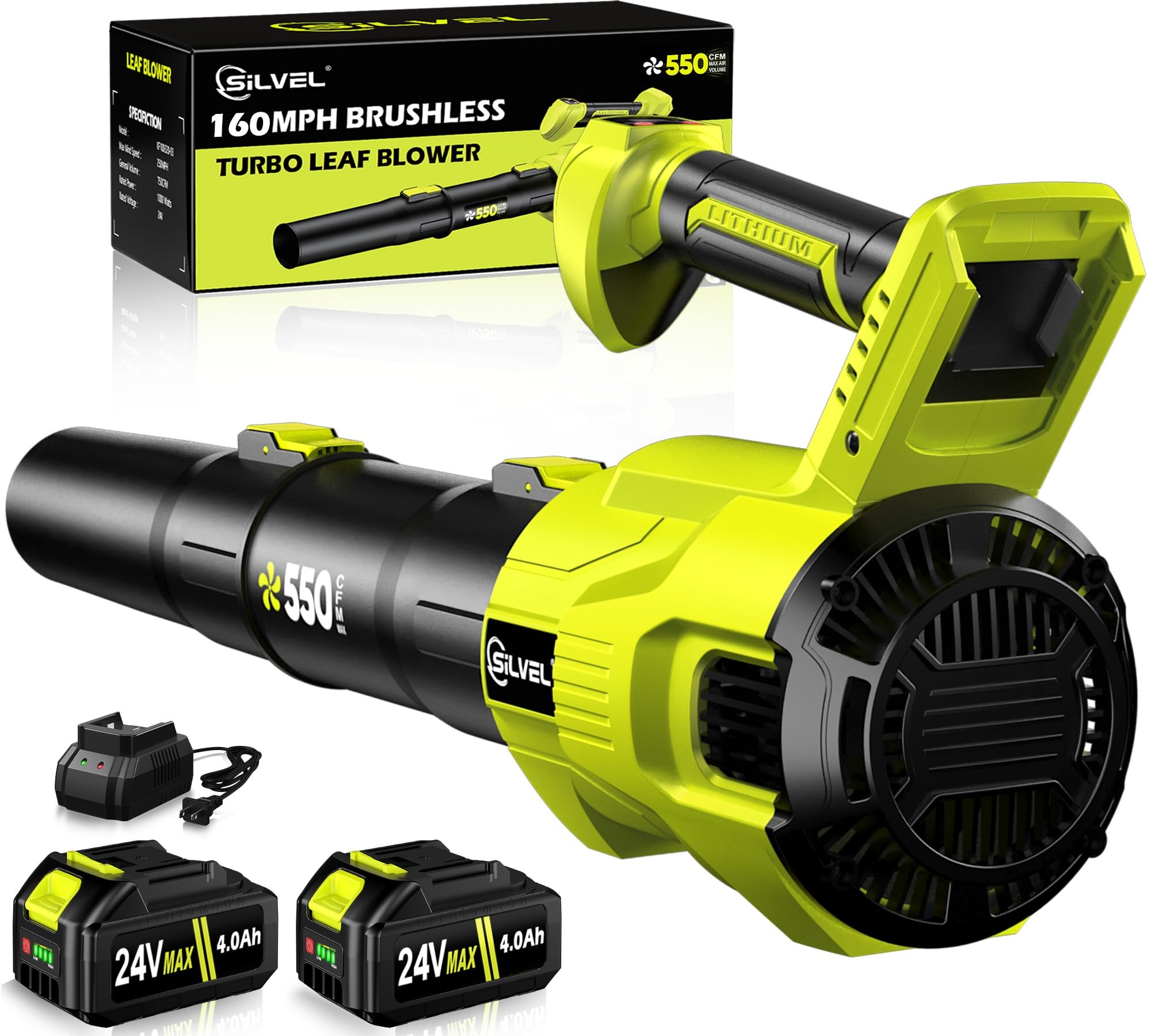 Cordless Leaf Blower, 550CFM (160MPH) Brushless Turbo Blower, 24V High Power Battery Powered Leaf Blowers with 2x4.0Ah Battery & Charger, Electric Blowers Variable Speeds for Lawn&Garden (RyobiGreen)