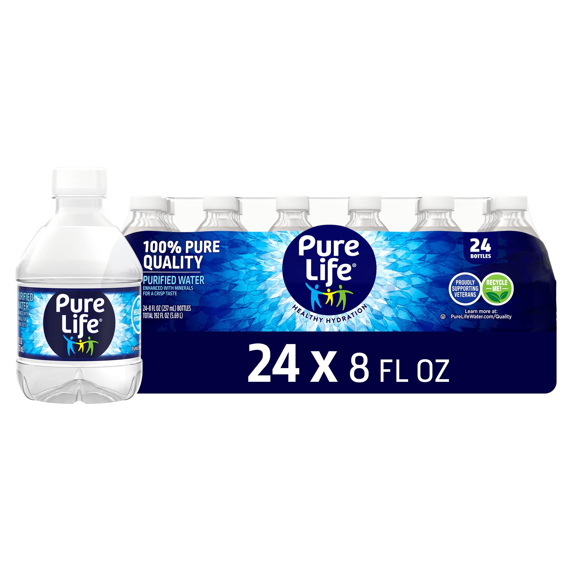 Pure Life Purified Water Bottles, 24 Pack - Still Bottled Water Enhanced with Minerals for a Crisp Taste, Plastic Bottles - 8 Fl Oz