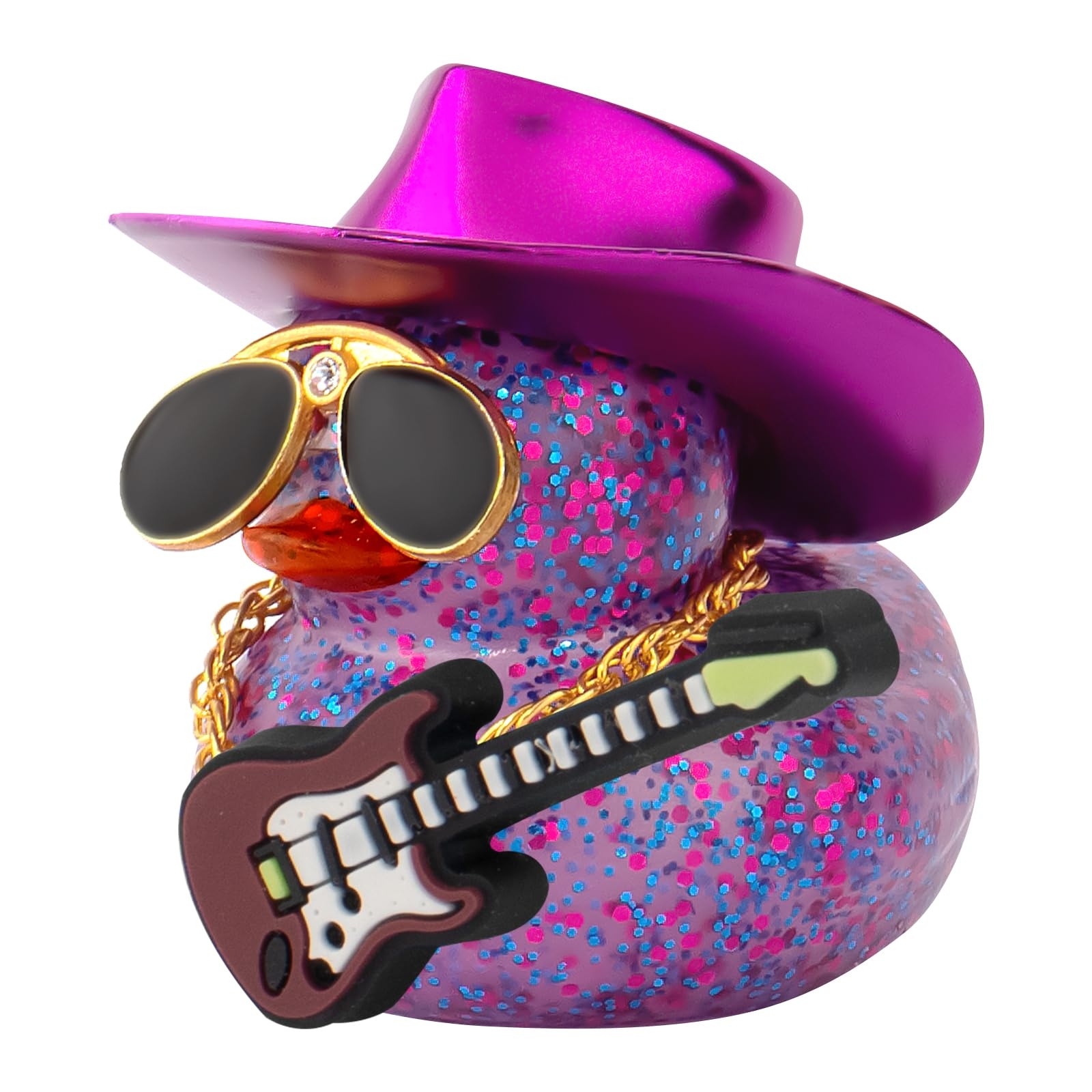 wonuu Car Decorations Laser Cowboy Hat Rubber Ducks, Dashboard Rubber Ducky for Car Ornament Cute Duck with Hat, Glasses, Necklace, Guitar (Glitter Purple)