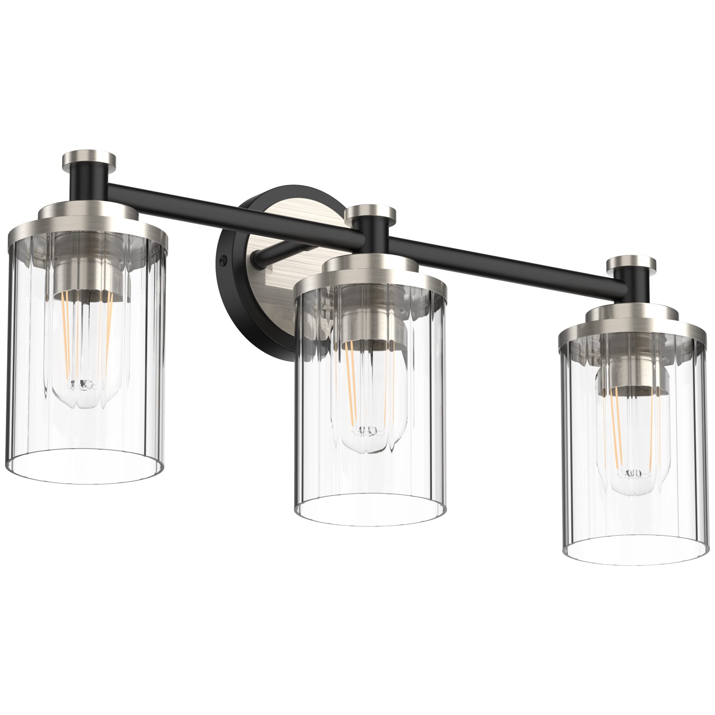 PHIXART Bathroom Lighting Fixtures Black and Brushed Nickel Bathroom Vanity Light with Cylindrical Clear Stripes Glass Lampshade E26 Socket Base Bathroom Lighting Fixtures Over Mirror (3 Lights)