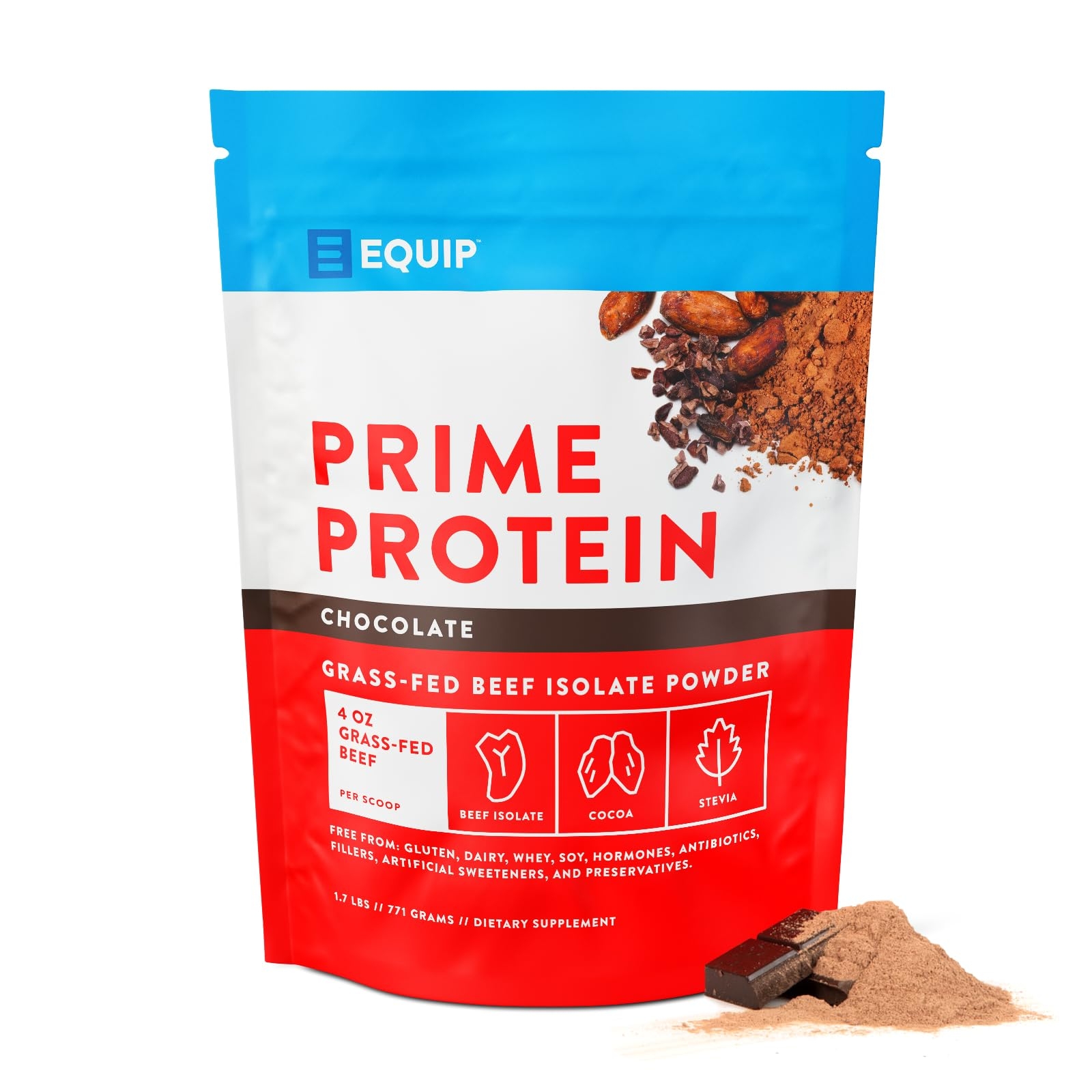 Equip Foods Prime Protein Powder | Clean, Grass Fed Beef Protein Isolate | Carnivore Protein Powder | Paleo, Keto Friendly | Gluten, Dairy Free | Helps Build & Repair Tissue | 30 Servings, Chocolate