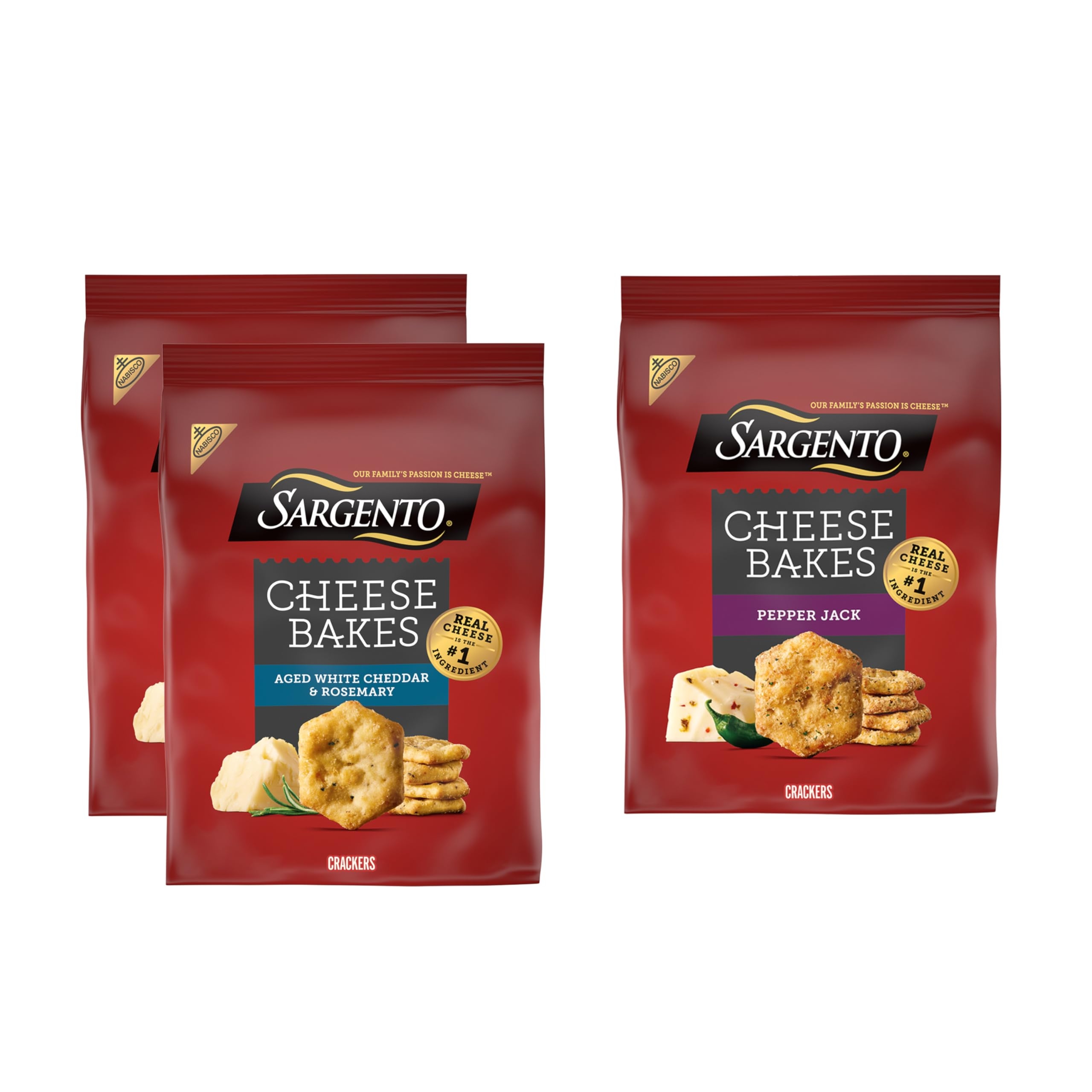 Sargento® Cheese Bakes Crackers Variety Pack, Aged White Cheddar and Rosemary and Pepper Jack, Cheese Crackers, Lunch Snacks, Bulk Snacks, 3 Bags