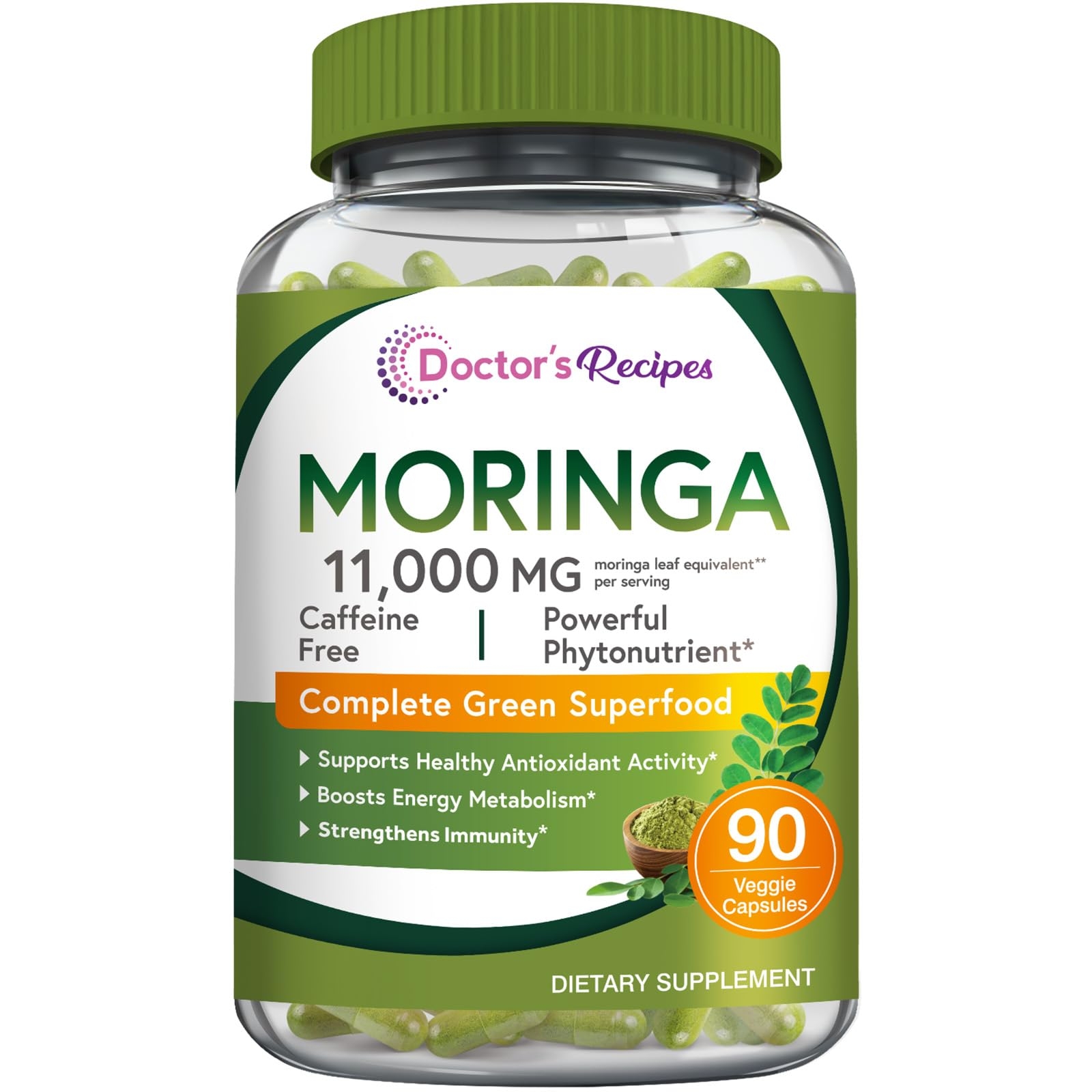 Doctor's Recipes Moringa 11,000 mg Strength, Complete Green Superfood, Natural Antioxidant Support, Non-GMO, 90 Vegan Caps, No Caffeine Soy Gluten