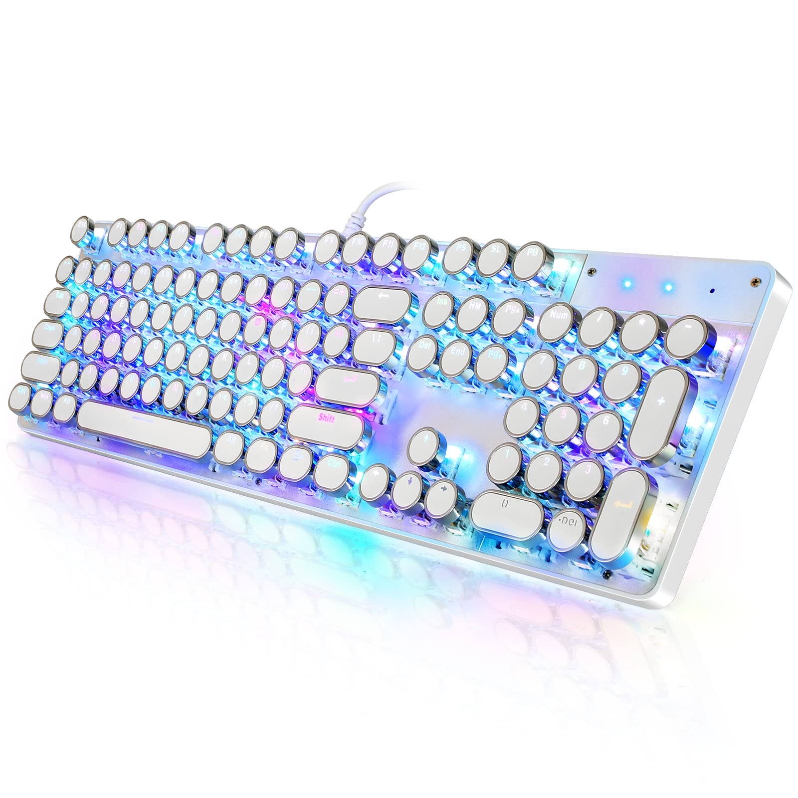 YSCP Typewriter Style Mechanical Gaming Keyboard RGB Backlit Wired with Blue Switch Retro Round Keycap 104 Keys Keyboard (White 104 Keys RGB)