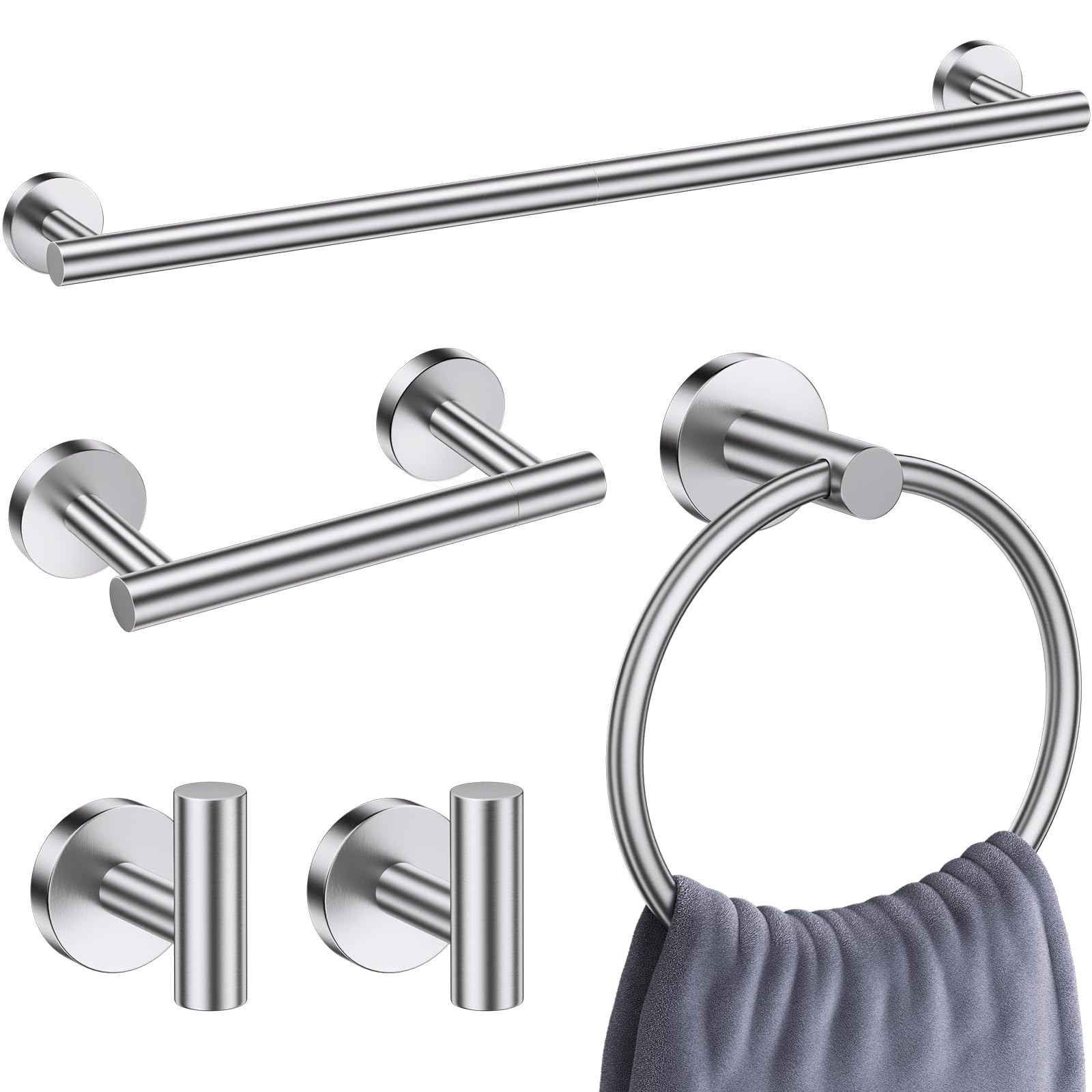 5 Pieces Brushed Nickel Round Towel Bar Set Bathroom Hardware Accessories Set Upgraded Toilet Paper Holder Towel Rail Set for Bathroom Stainless Steel Wall Mounted Bathroom Set,23.6 in