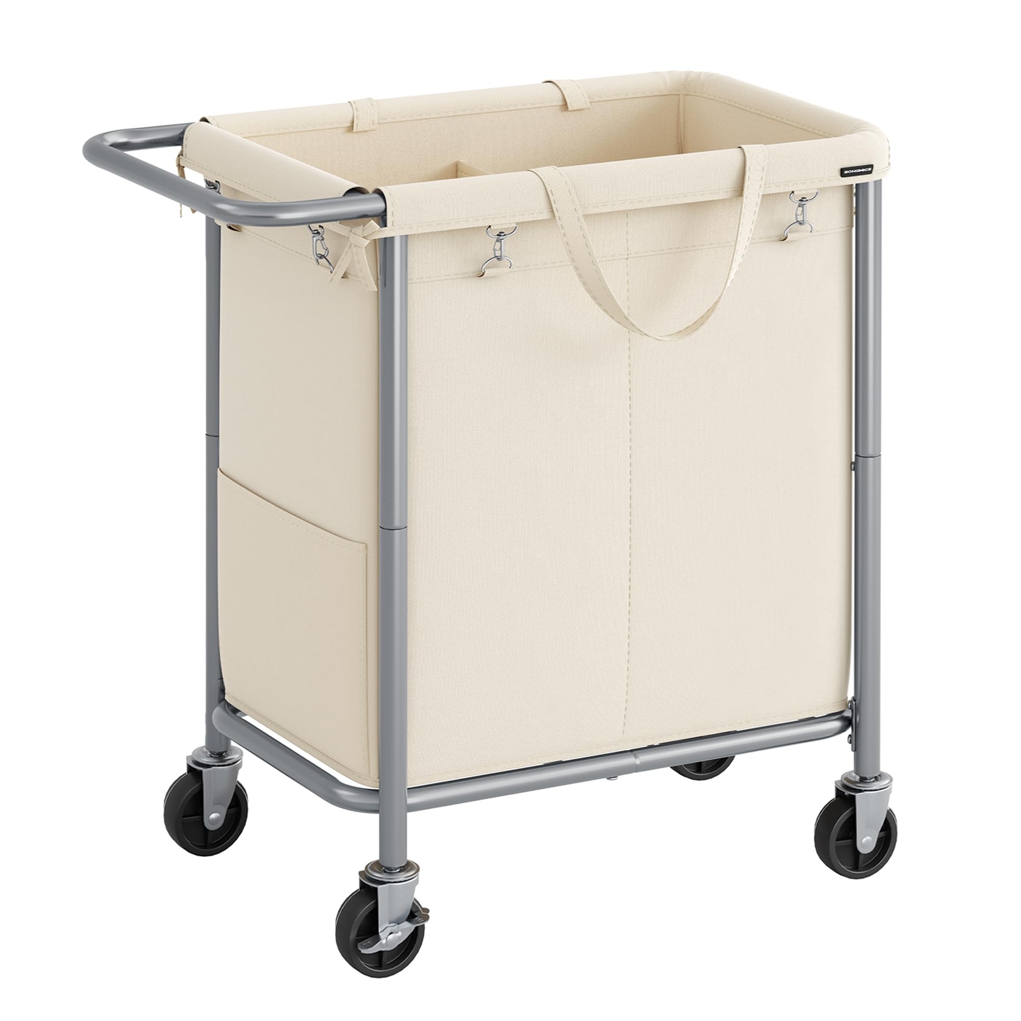 SONGMICS Laundry Basket with Wheels, 2-Section Rolling Laundry Hamper, 37 Gallons (140L), Removable Liner, Steel Frame with Handle, Blanket Storage, 27.2 x 15.4 x 31.9 Inches, Cream White URLS004W01