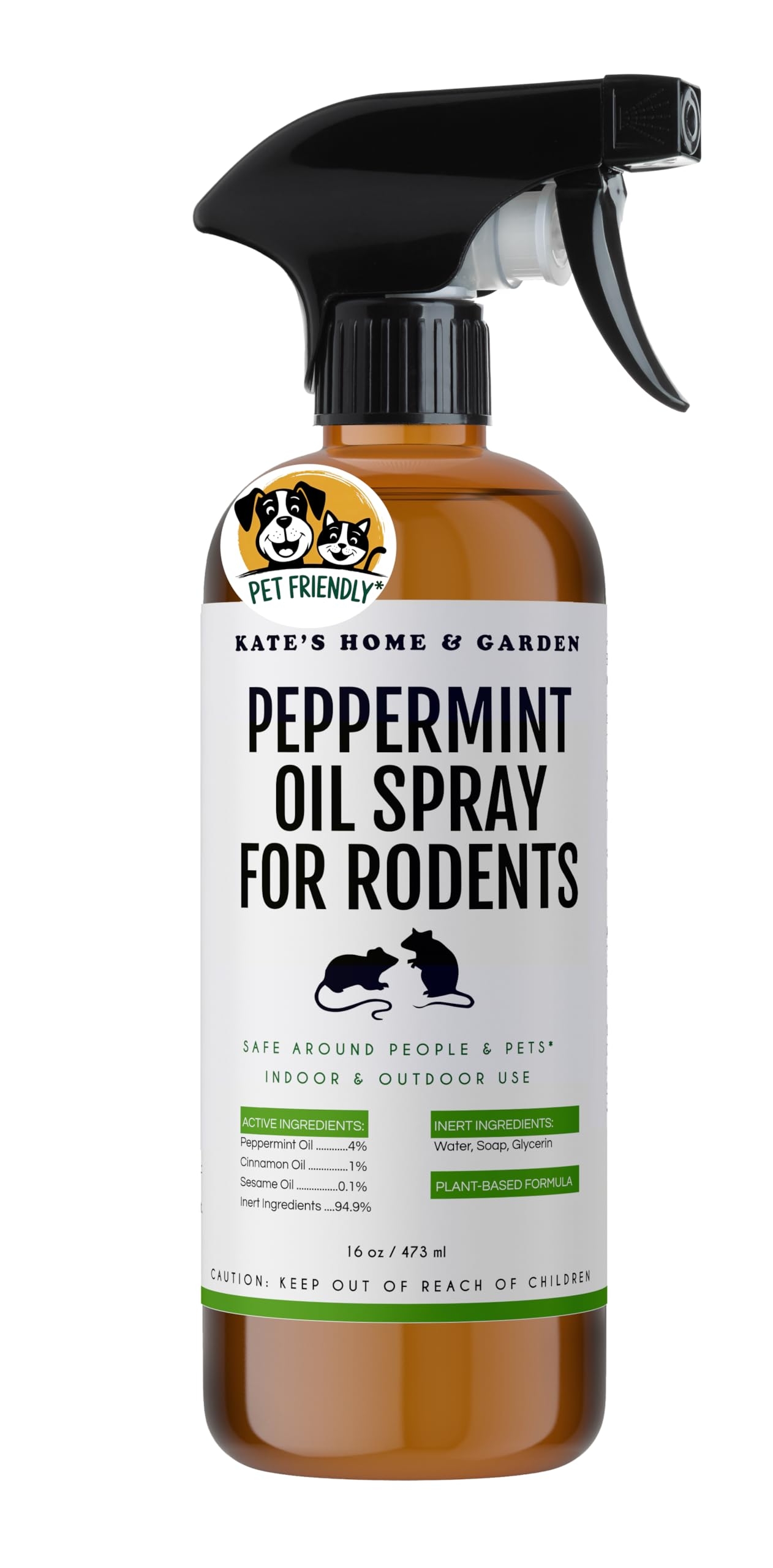 Kate Naturals Peppermint Oil Spray for Rodents, Mouse (16oz, Pet Safe). Rodent Repellent Outdoor for Car Engines, Mice, Rat, Bat, House, Plants, Attic, Basement