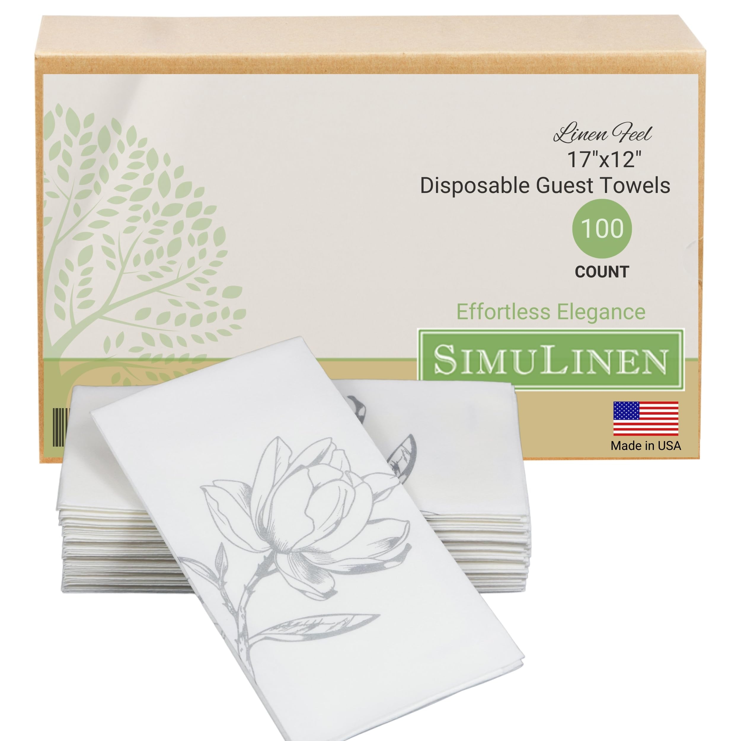 SimuLinen Silver Magnolia Disposable Bathroom Guest Towels - Folded, Single-Use, Kosher Paper Towels, 12x17", 100ct (Made in USA)