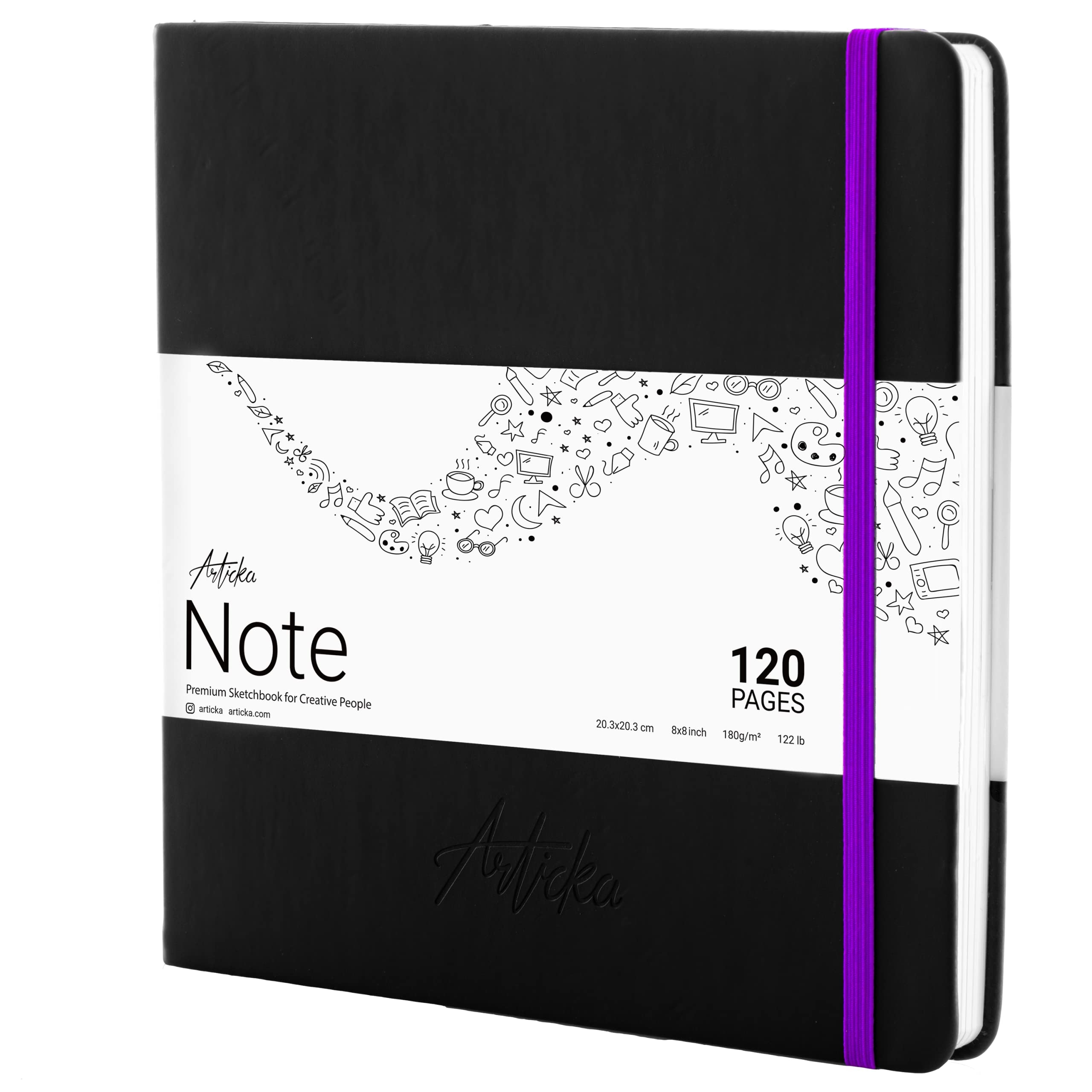 Articka Hardcover Sketchbook – 8x8 Square Sketch Journal, 120 Pages, 180GSM Thick Paper – Hard Cover Sketch Book for Drawing & Journaling – Small Sketch Book with Elastic Closure
