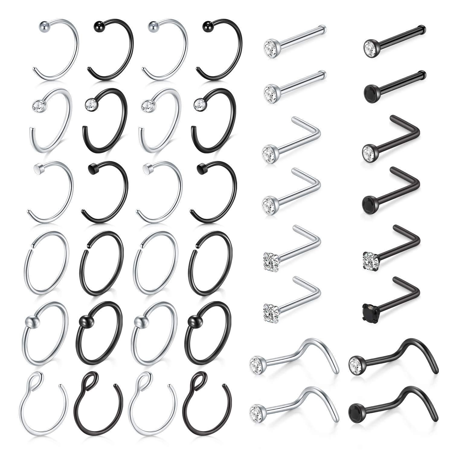 MODRSA 18G Hoop Nose Ring - Surgical Stainless Steel Studs, L Shaped Nose Stud, Piercing Jewelry for Women - Silver, Black