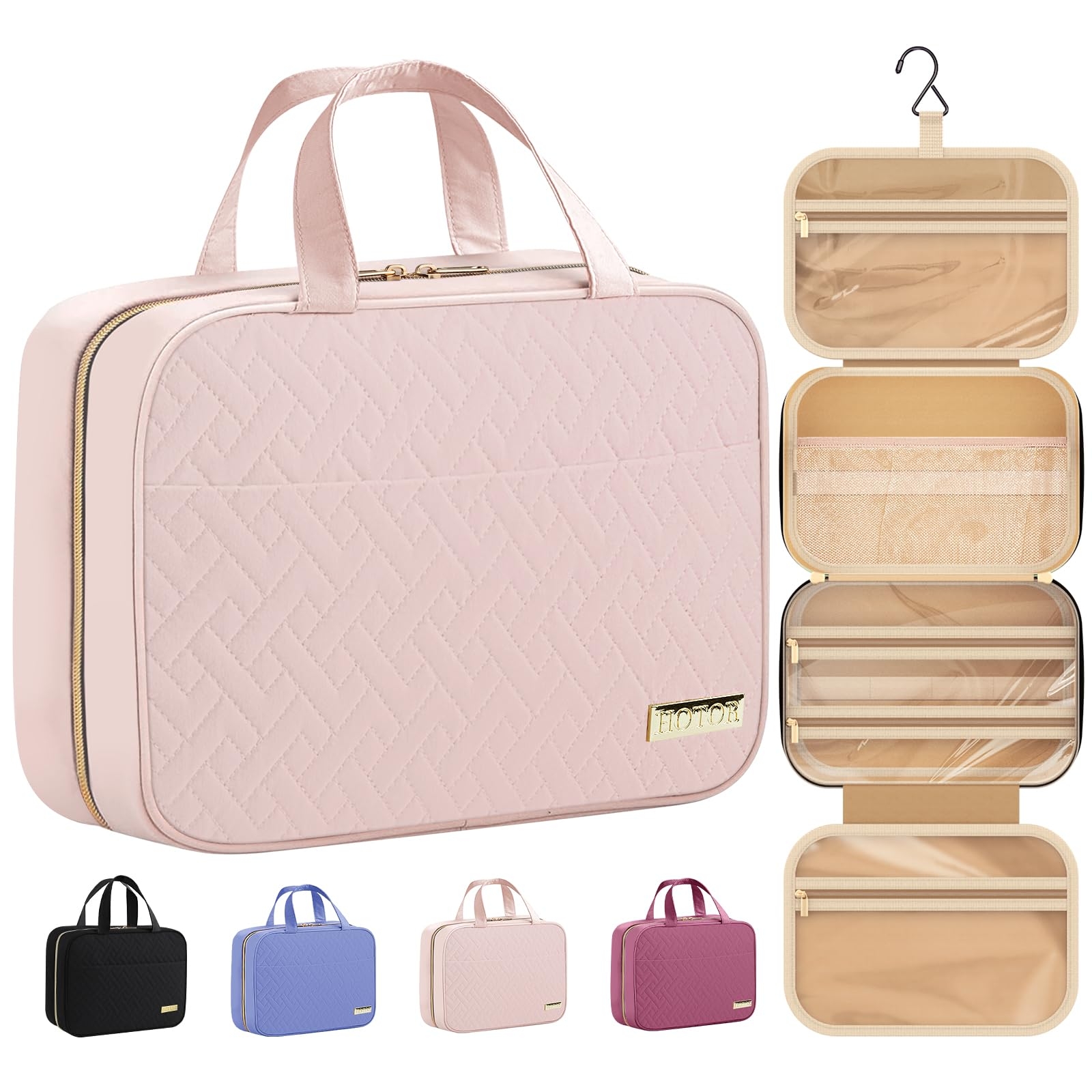 HOTOR Travel Toiletry Bag w/Hanging Hook - Spacious Toiletry Bag Essentials for Women & Men, Makeup Bag/Big Comparment, Waterproof for Travel Accessories, Medium, Pink