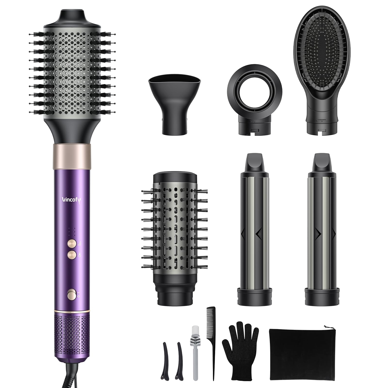 Vincofy 7 in 1 Hair Dryer Blow Dryer Brush Hot Hair Styler, Hair Straightener Brush, Negative Ion, Voluming, Suitable for All Types, 110,000 RPM, Purple, Fast Drying, Straightening, Curling