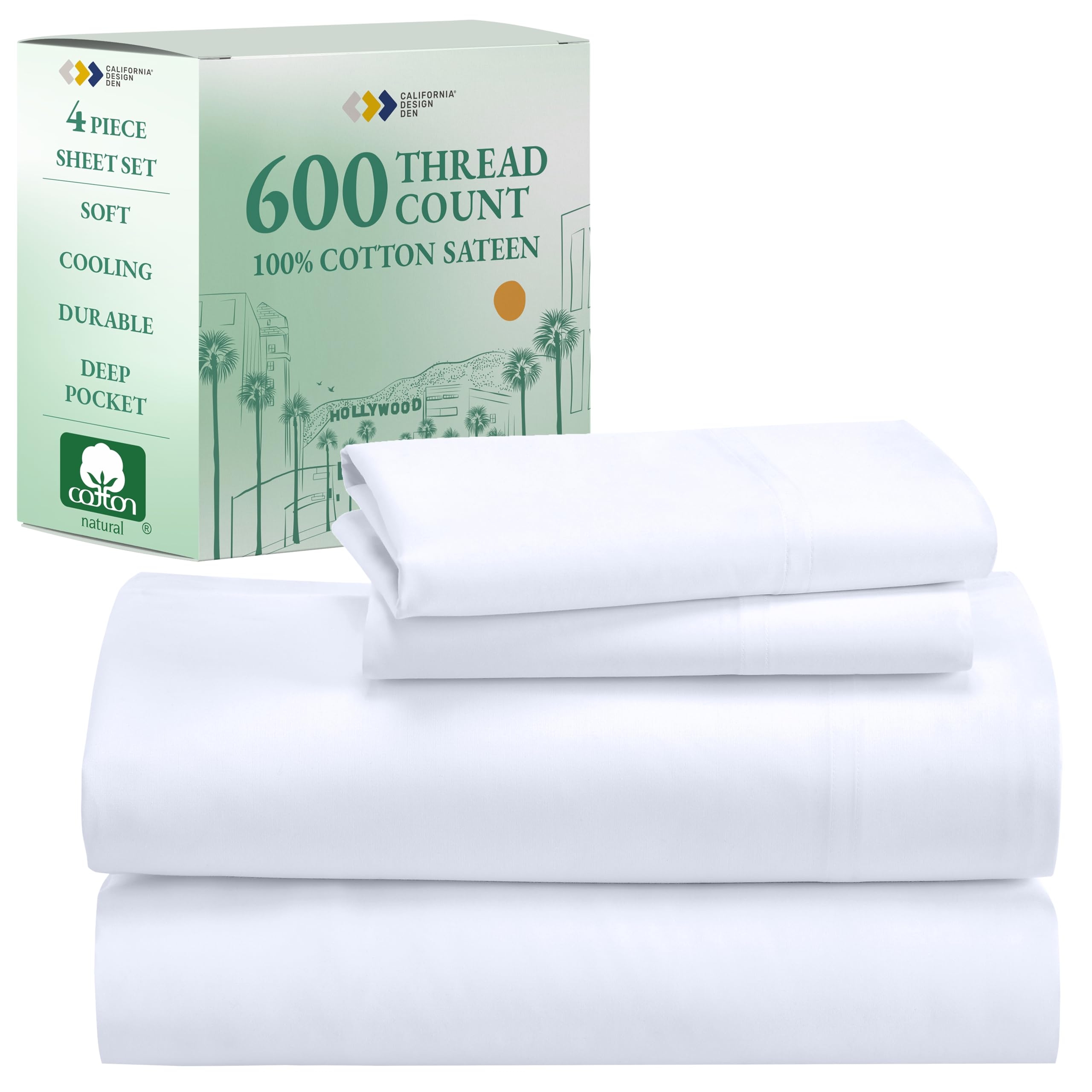California Design Den Queen Sheet Set - Luxury 600 Thread Count Sateen, 100% Cotton Deep Pocket Queen Sheets with All Around Elastic, Snug Fit, Hotel Quality Bedding Set - White