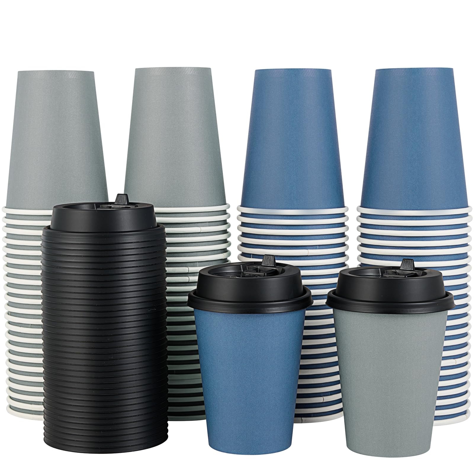 LITOPAK 100 Pack 12 oz Disposable Paper Coffee Cups with Lids for Coffee, Water, Juice, or Tea, Blue and Gray Hot Paper Cups for Home, Restaurant, Store, and Cafe