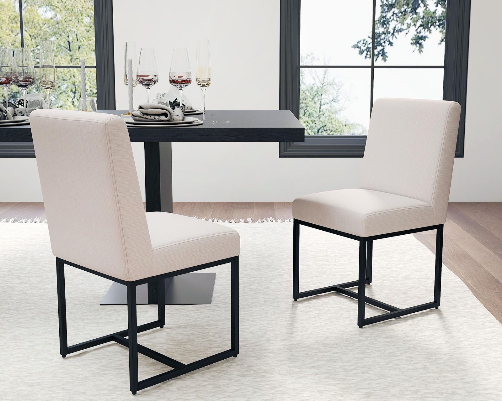 HNY Kitchen & Dining Room Chairs Set of 2, Linen Fabric Mid Century Modern Dining Chairs, Upholstered Dining Chairs with Black Finish Metal Frame, Cream, 2 PC