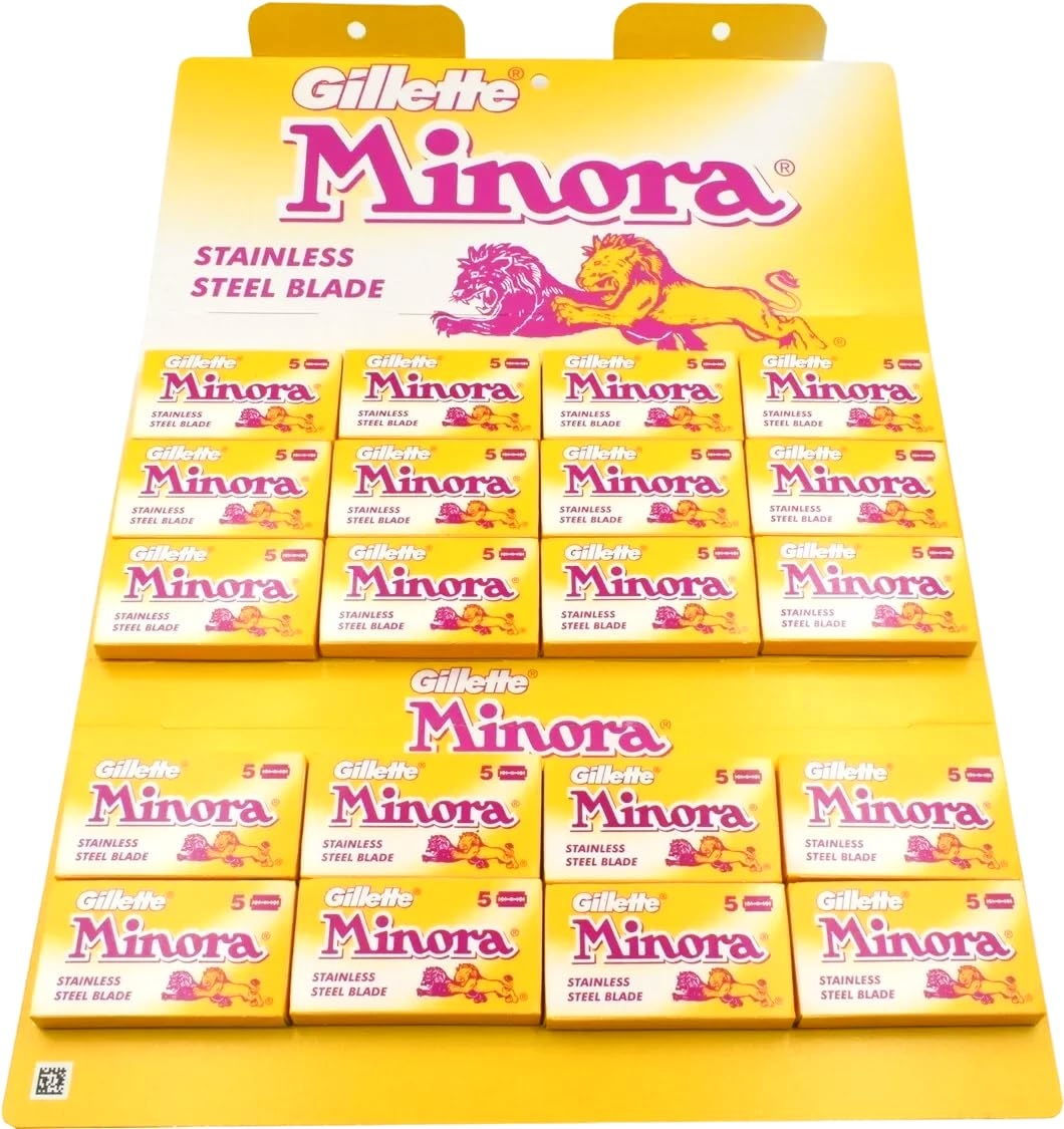 Gillette, 100 Gillette Minora Stainless Double Edge Safety Razor Blades on a display card, 20 dispnesers of 5 Blades
