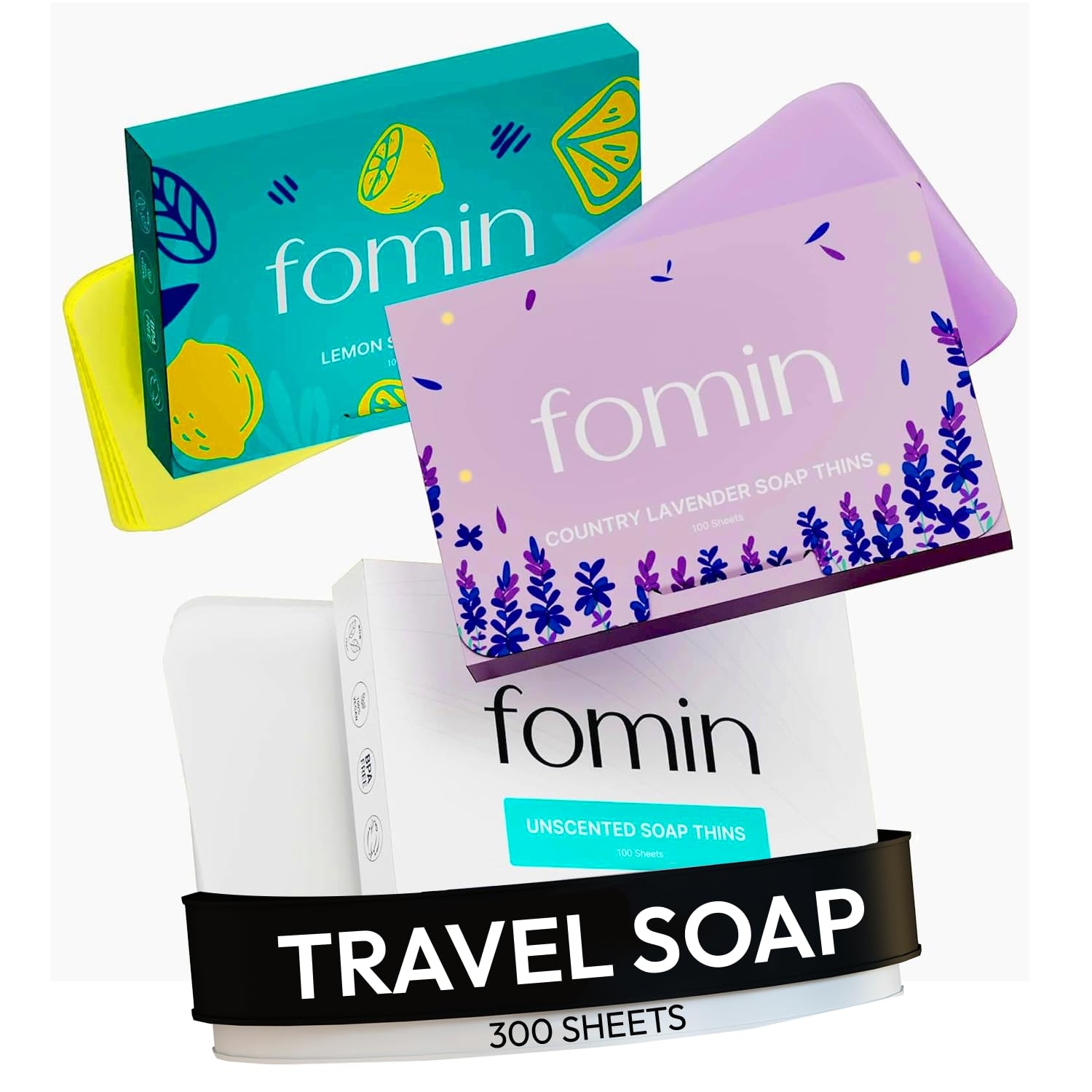 FOMIN - Antibacterial Paper Soap Sheets for Hand Washing - (300 Sheets) Lemon, Lavender, Unscented Travel Soap Sheets, Dissolvable Camping Mini Soap, Portable Hand Soap sheet