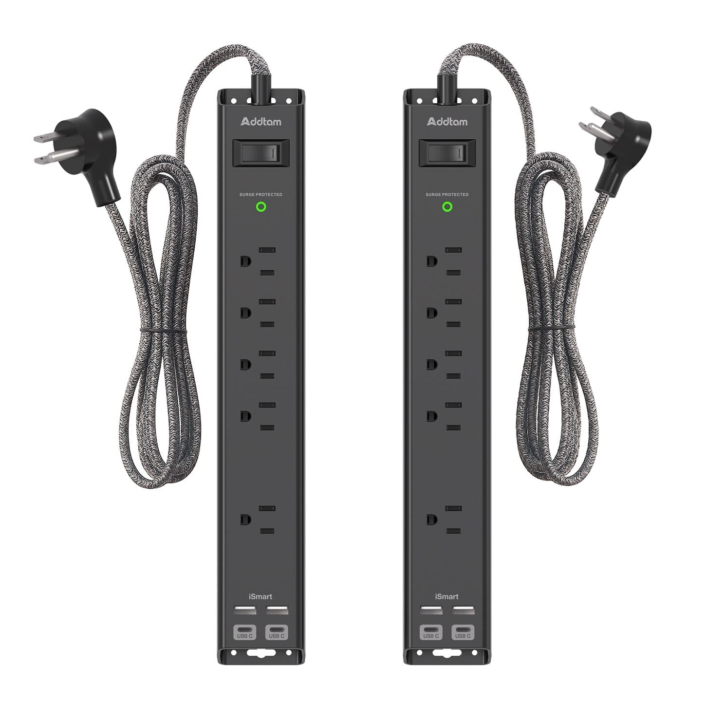 2 Pack Power Strip Surge Protector - 6Ft Extension Cord with 5 Widely Outlets 4 USB (2 USB C) Port, 1875W/15A, Wall Mount, Flat Plug, Desk Charging Station for Home Office College Dorm Room Essentials