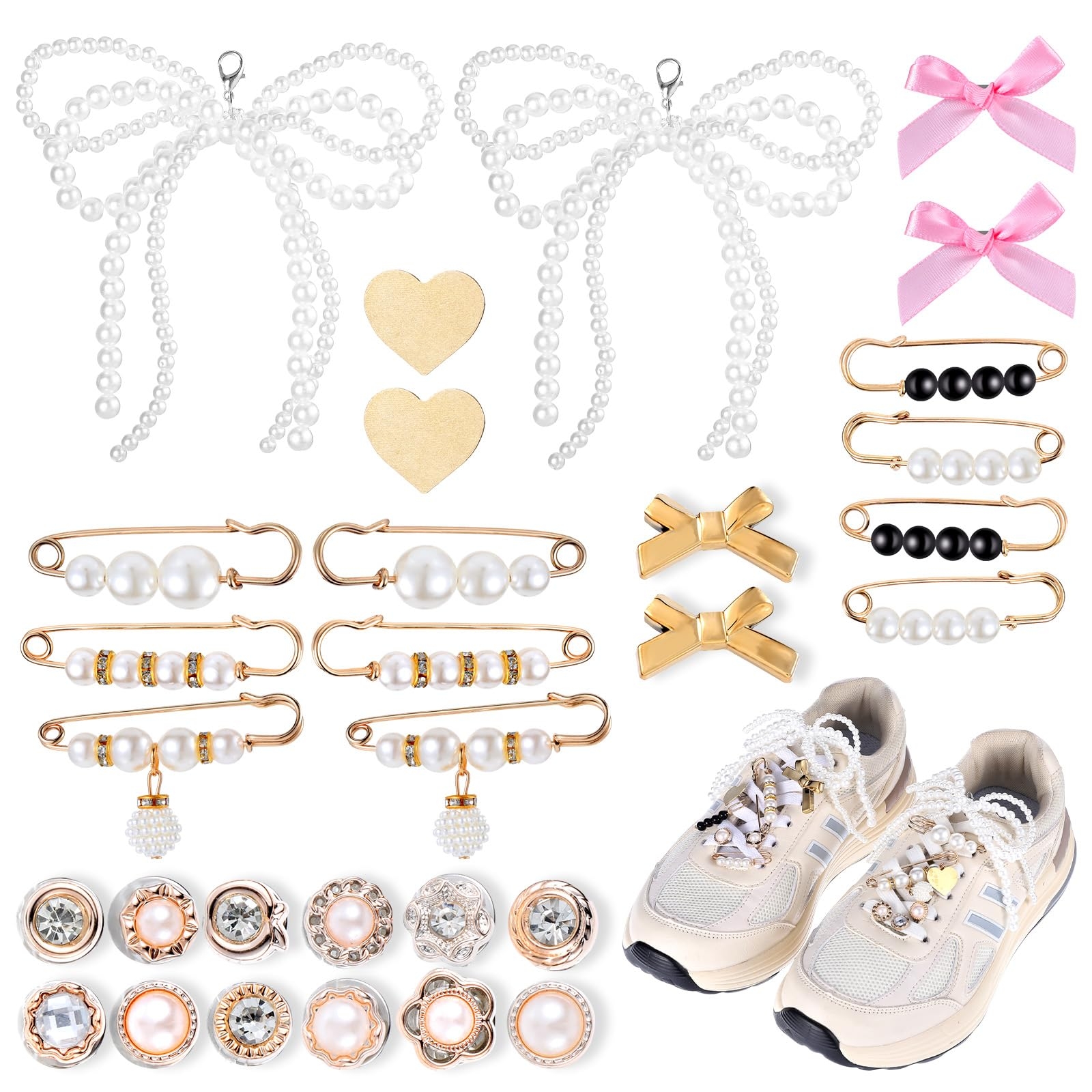 Ptwola Shoe Charms for Sneakers 30 Pcs Shoelace Charms Contain Bows Clips Pins Jewelry Decor Accessories for Shoes, Socks, Clothes, Bags