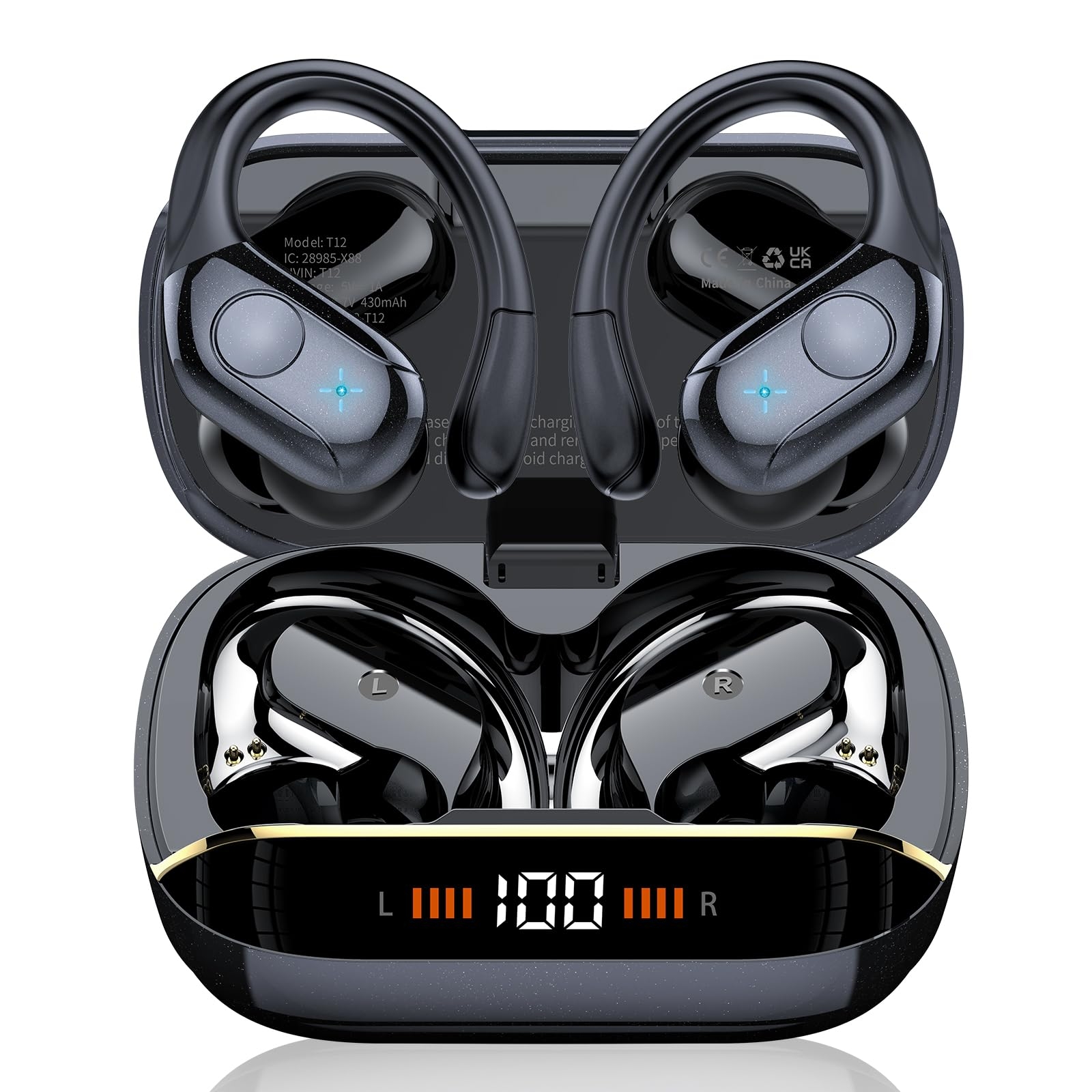 Qecnato Wireless Earbuds Bluetooth 5.4 Headphones Sports, 75H Stereo Deep Bass Over Ear Buds with Earhooks, Bluetooth Earbuds with 4 ENC Mic, LED Display, IP7 Waterproof Earphone for Running, Black