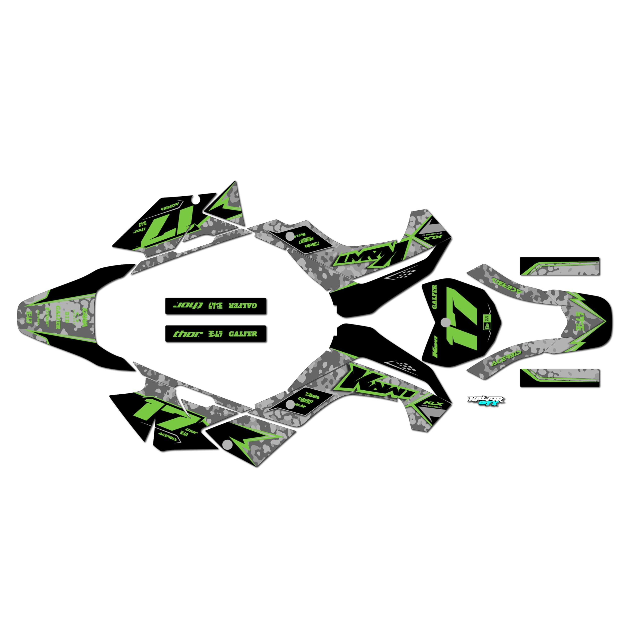 Kalair GFX Graphics Kit for Kawasaki KLX 140R (2019-2023) CYBERWARE Series Green 21 Mil - Dirt bike Custom Racing Graphics Decals Stickers Kit, no-plastics