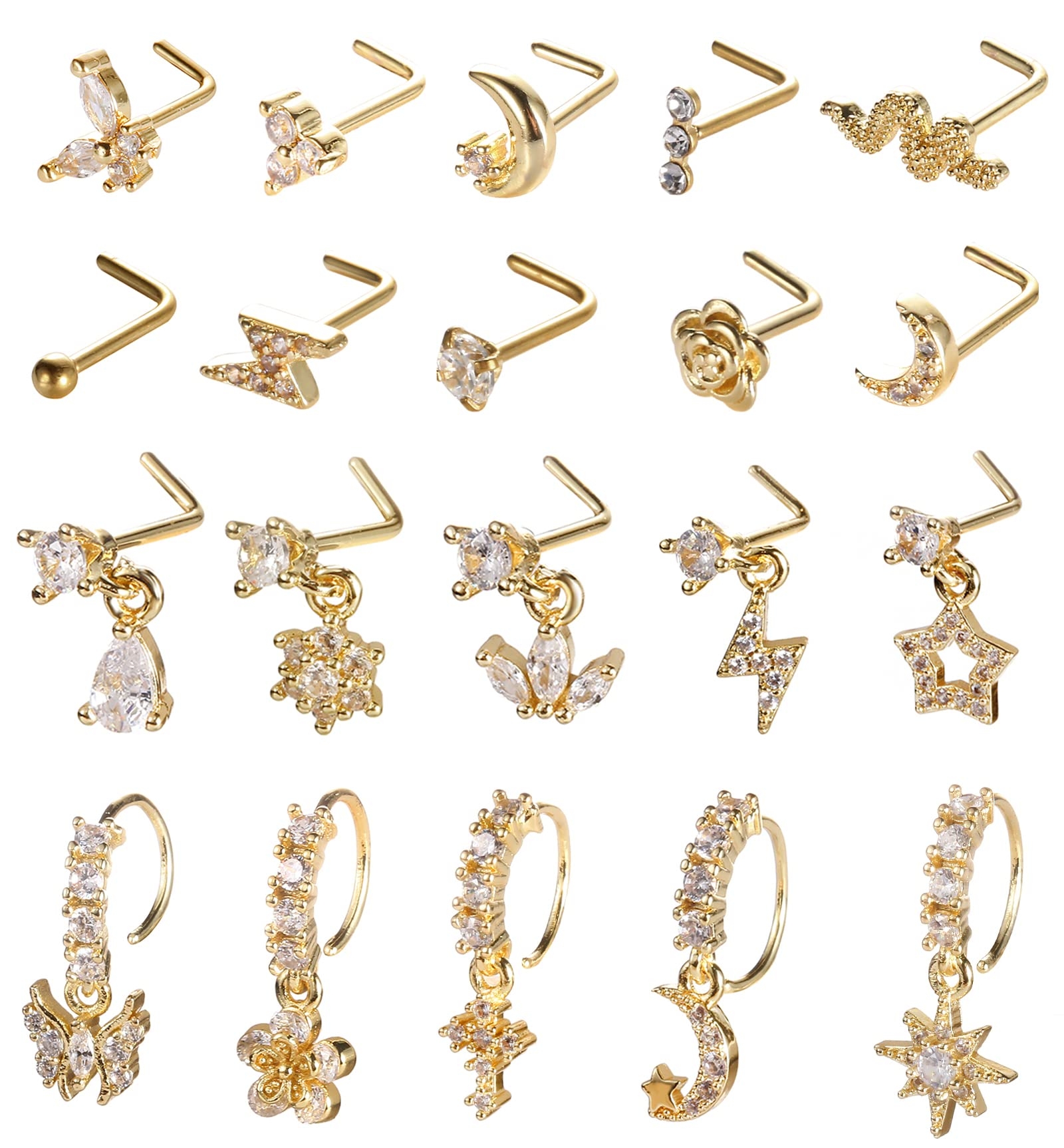 SAMOCO 20Pcs 20G Dangle Nose Ring L Shaped Dangling Nose Stud for Women Stainless Steel Nose Ring Studs CZ Flower Dangle Nose Rings Hoops Nose Piercing Jewelry