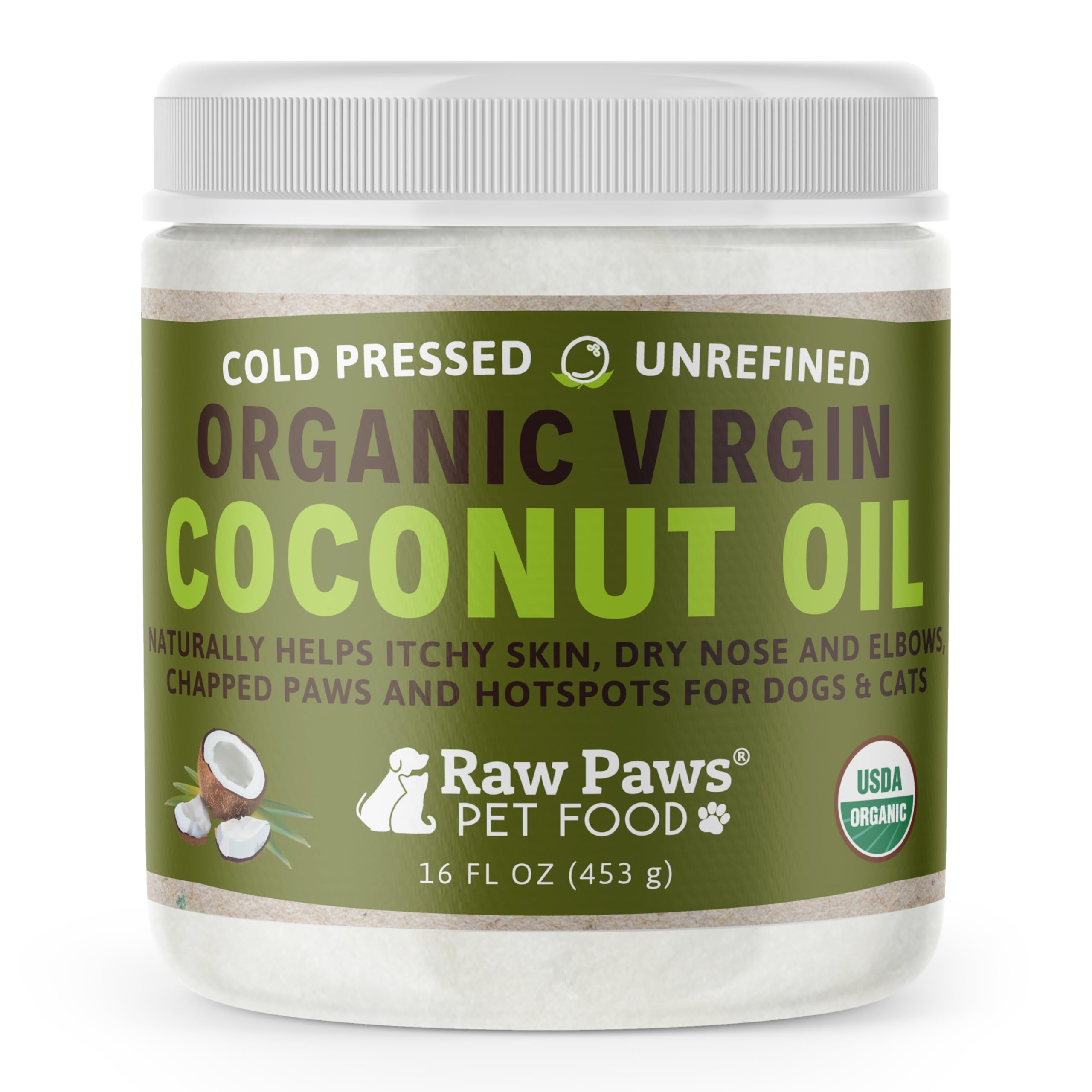 Raw Paws Virgin Organic Coconut Oil for Dogs & Cats, 16-oz - Treatment for Itchy Skin, Dry Nose, Paws - Hot Spot Lotion - Natural Hairball Remedy for Cats