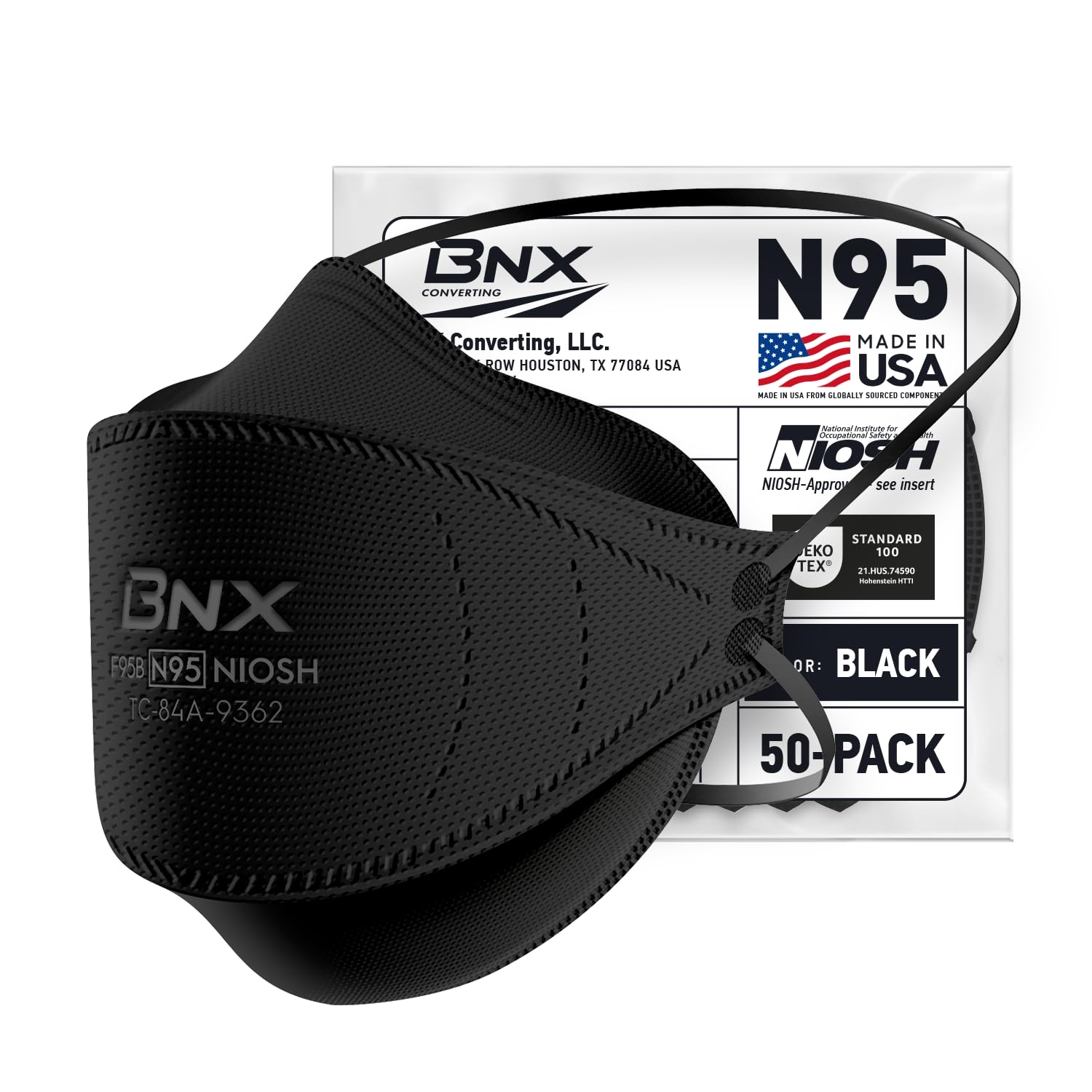 BNX N95 Mask NIOSH Certified MADE IN USA Face Mask, Tri-Fold Cup/Fish Style, 10,20,50-Pack - Black, White (Model F95B,F95W)