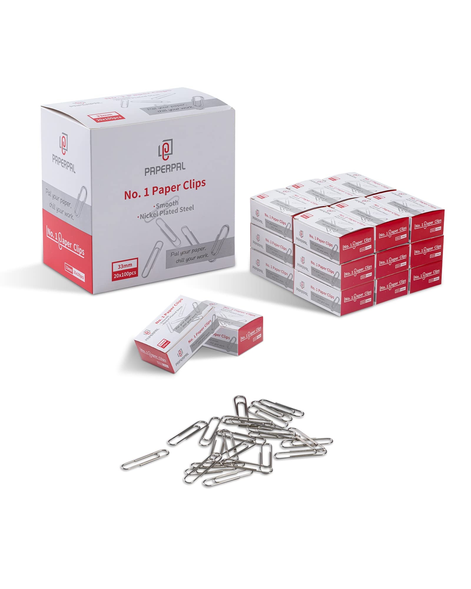 PAPERPAL #1 Smooth Paper Clips, 2000 Medium Paper Clips (20 Boxes of 100 Each), Bulk Paperclips for Office School & Personal Use, Daily DIY, 1-2/7" Silver Paper Clip Standard Size