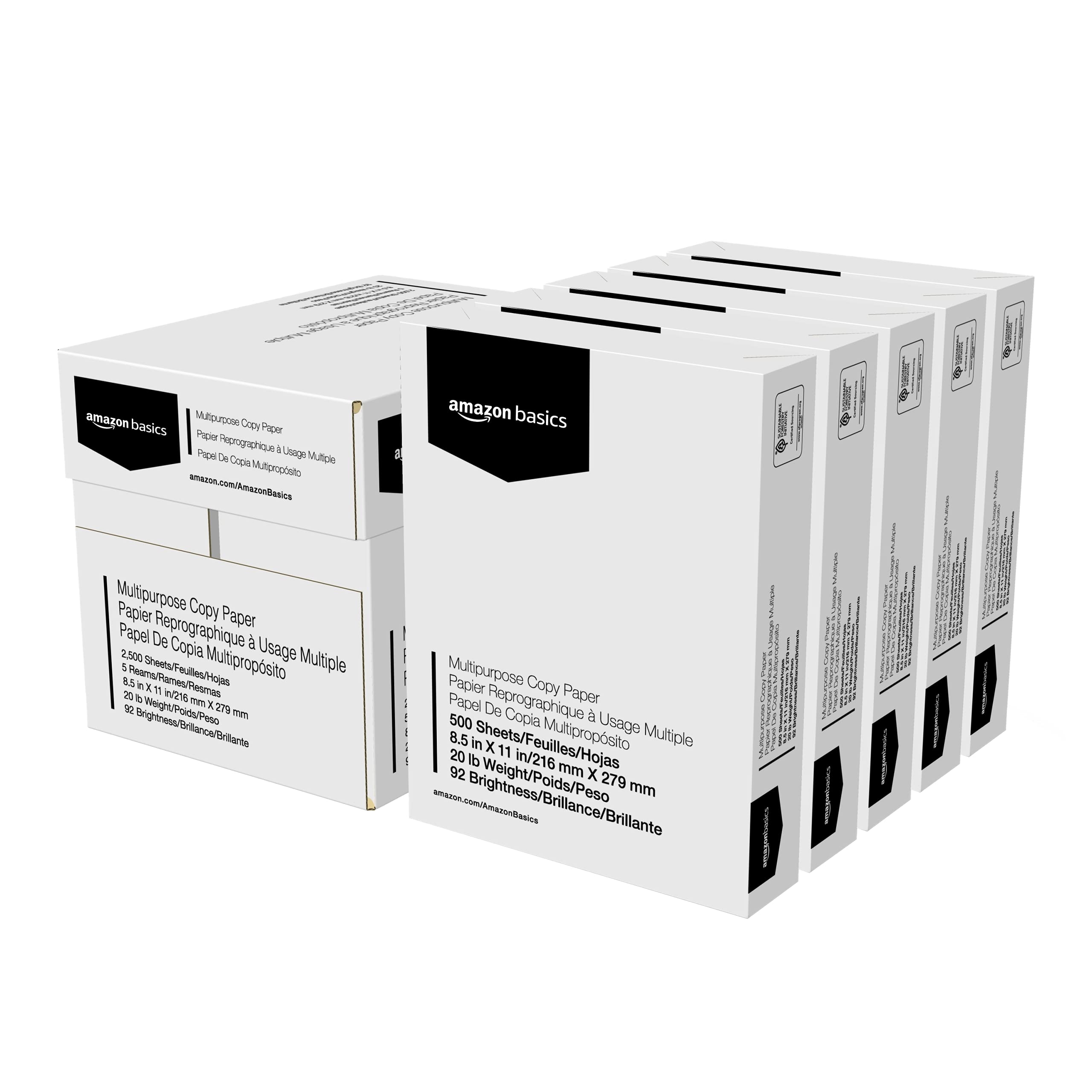 Amazon Basics Multipurpose Copy Printer Paper, 20 lb, 92 Bright, 8.5" x 11", White, 5 Reams, 2500 Sheets