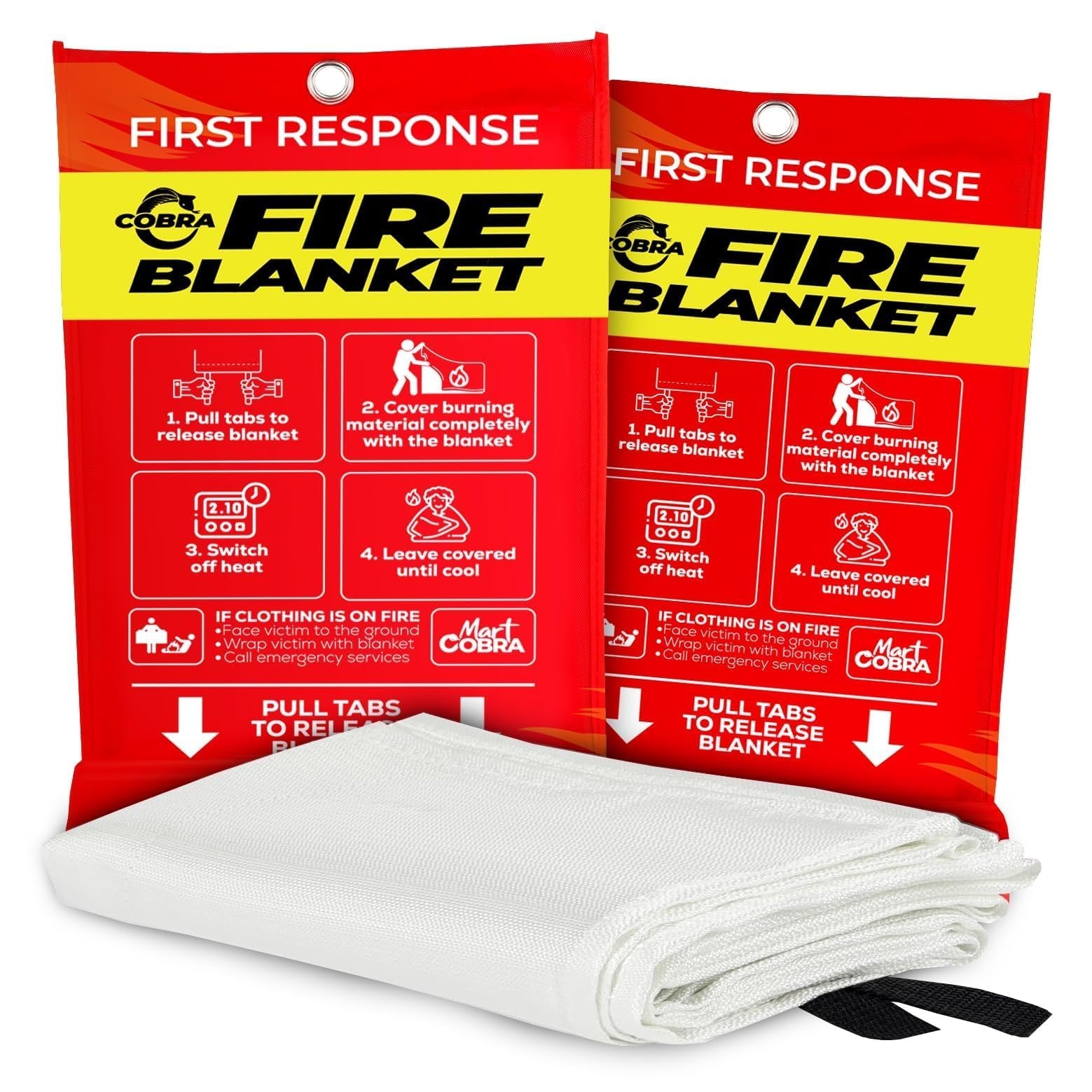 Mart Cobra Fire Blanket 2-Pack – Emergency Fire Suppression for Home & Kitchen – 40"x40" Fireproof Fiberglass Safety Blankets – Heat Resistant & Easy to Use – Smothers Grease & Electrical Fires
