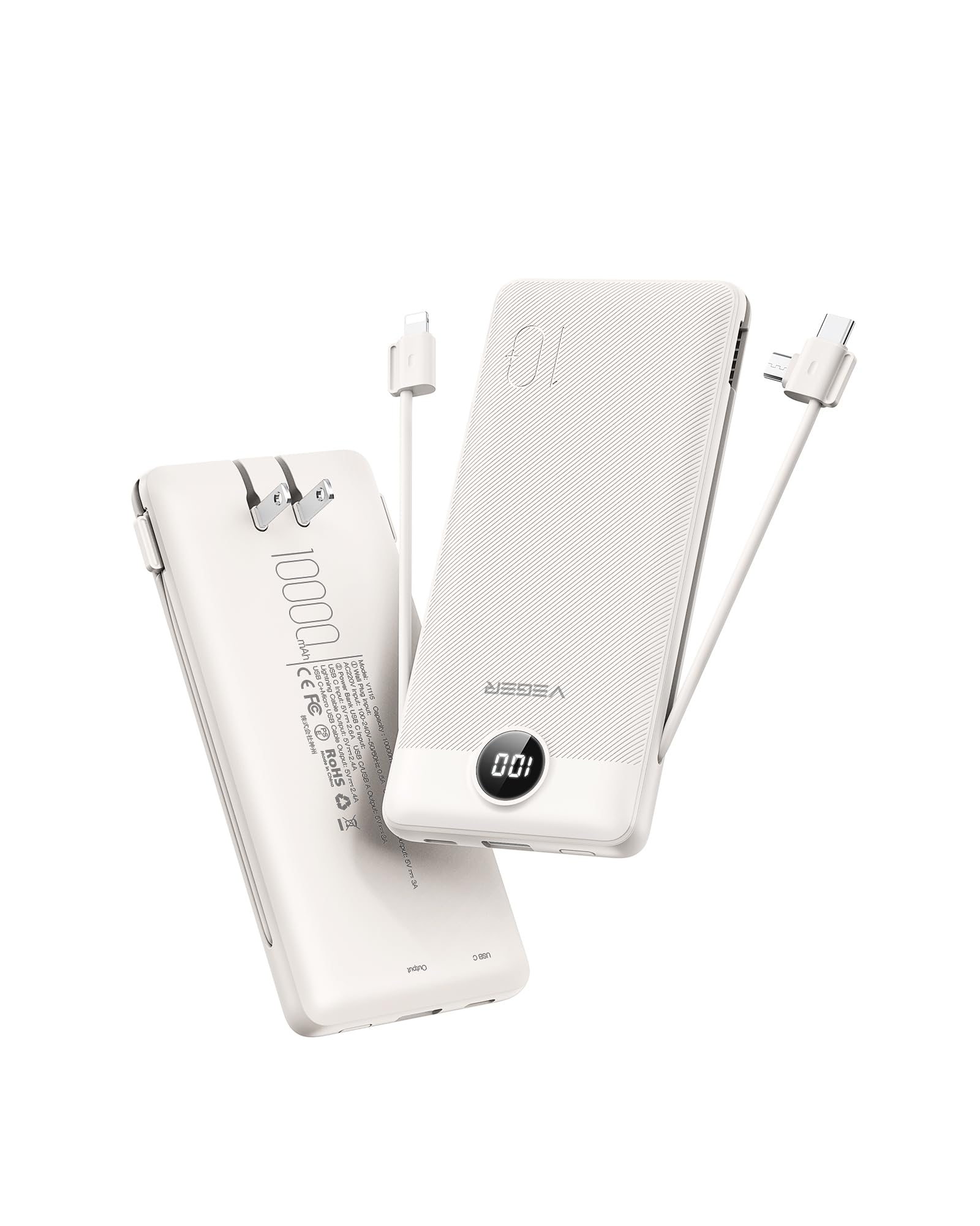 VEGER Portable Charger for iPhone with Built in Cables and Wall Plug, 10000mah Slim Fast Charging USB C Power Bank, Travel Essential Battery Pack Compatible with iPhone, iPad, Samsung etc(Coffee)