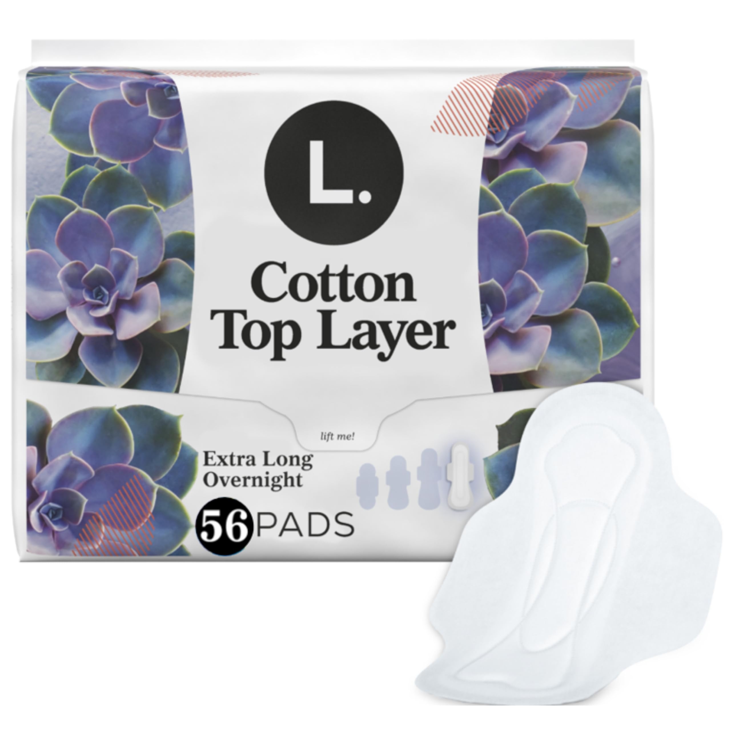 L. Extra Long Maxi Pads for Women, Overnight Absorbency, Organic Cotton Top Layer, Unscented Pads with Wings, 28 Count x 2 Packs (56 Count Total) (Packaging May Vary)
