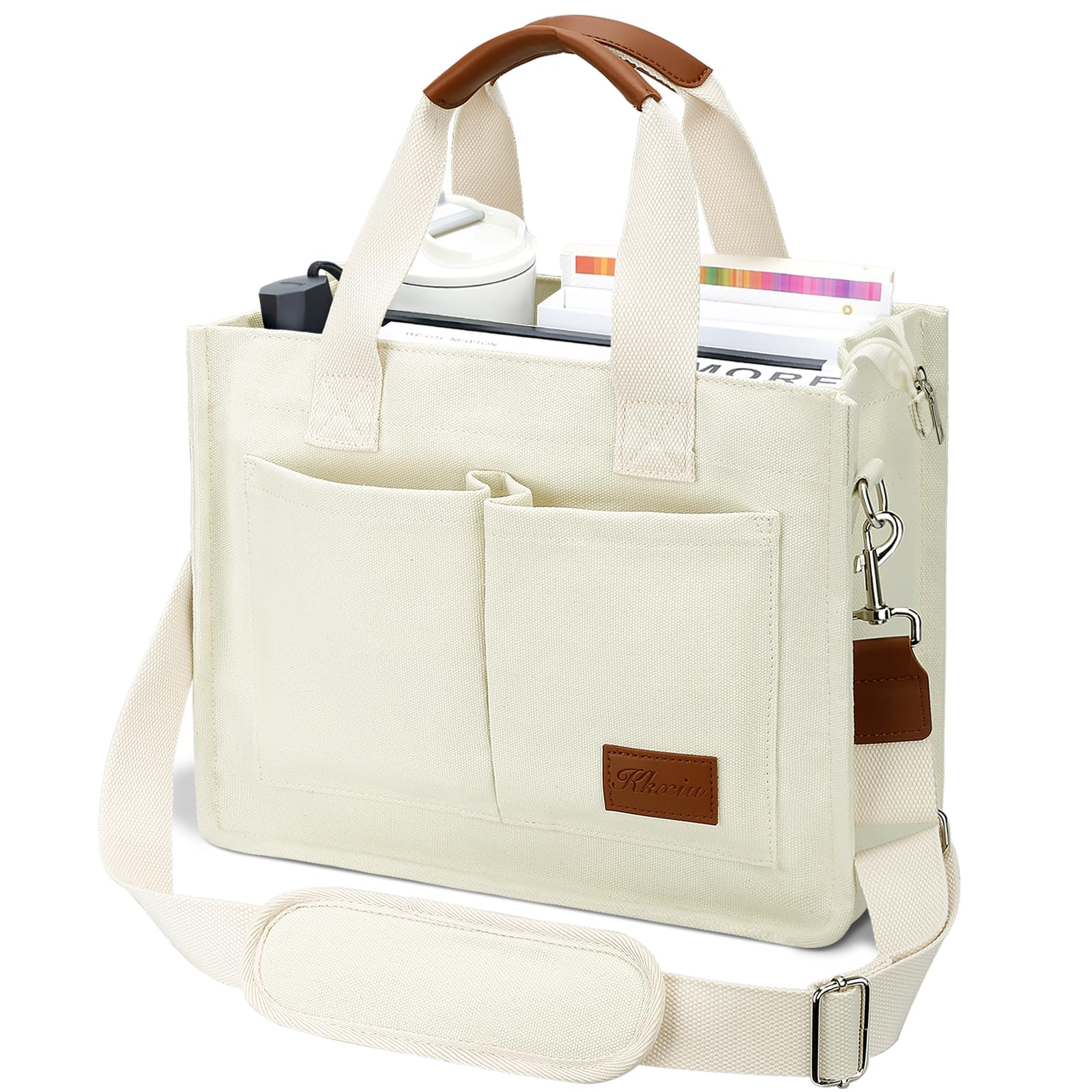 KKXIU Large Canvas Tote Bag for Women with Zipper and Compartments Crossbody Work Bible Messenger Purse Bag With Pockets