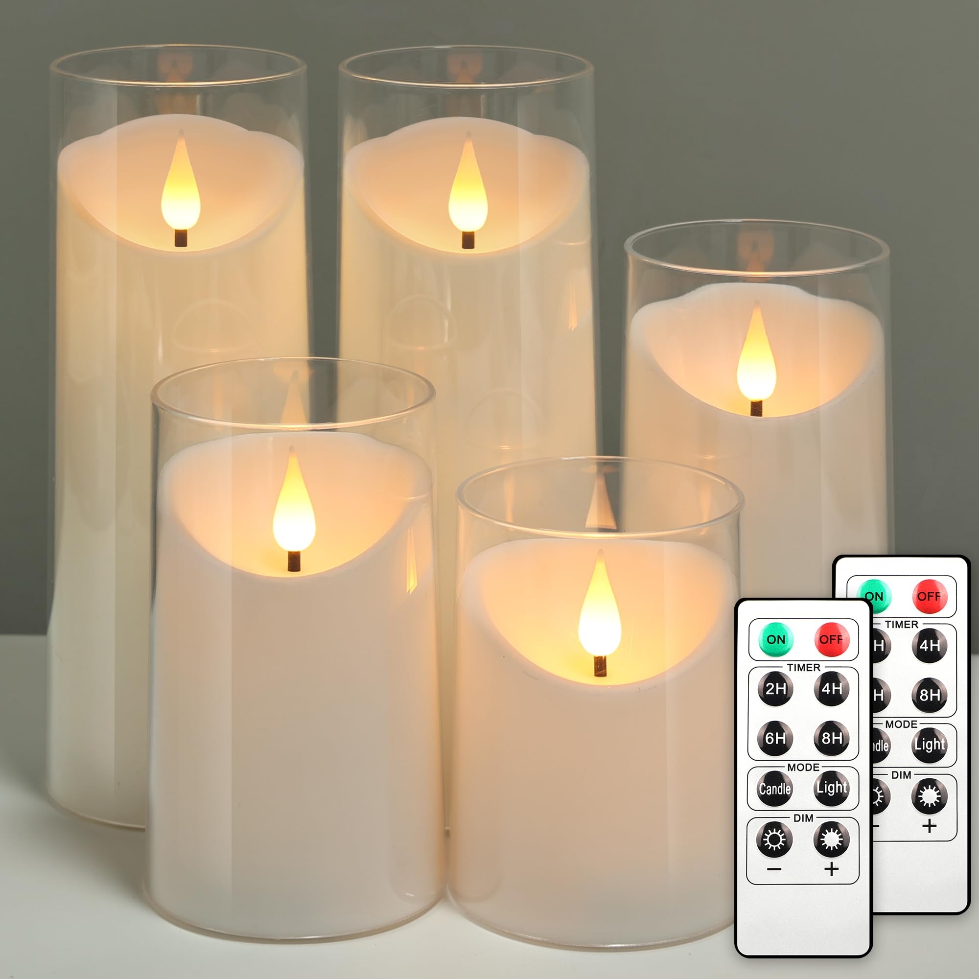 NURADA Flameless Candles: Acrylic LED Pillar Candles Battery Operated with Remote and Timer Candle for Romantic Ambiance and Home Table Bathroom Decor, White Pack of 5