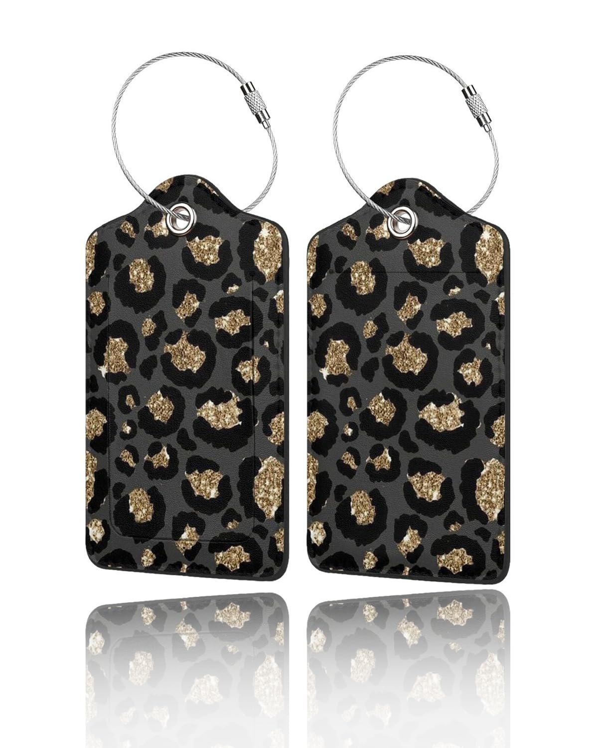 GACCAP 2 Pack Luggage Tags for Suitcase, Privacy Cover ID Label with Stainless Steel and Address Card for Travel Bag Backpack Cruise Ship Essentials Tag Women Girls - Black Gold Leopard Cheetah