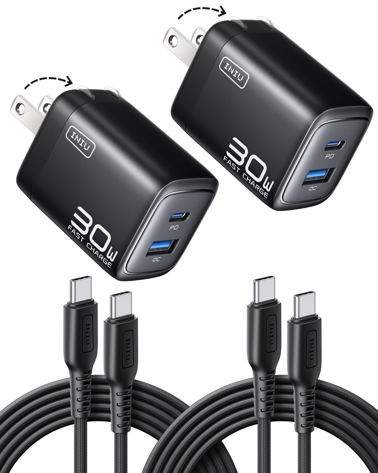 INIU USB C Charger Block, 2-Pack 30W PD Fast Charging, [USB-C + USB-A] iPhone 16 Charger with Foldable Plug, GaN Tech Type C Power Adapter for iPhone 16, 15 Pro Max, Samsung S25, S24, iPad Pro etc