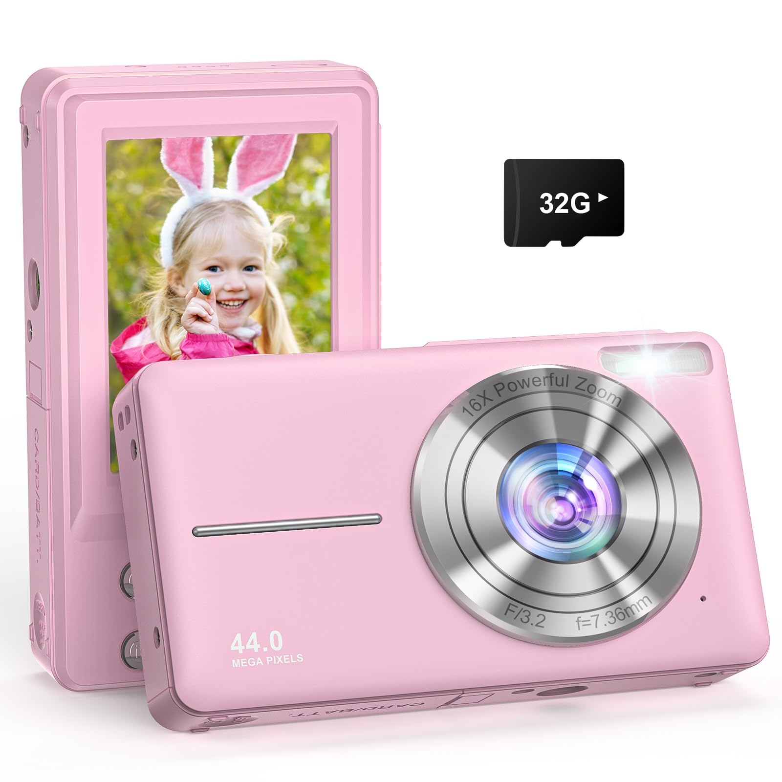 YAXTIFIU Digital Camera, 44MP FHD 1080P Camera for Kids with 32GB Card, Point and Shoot Digital Camera for Teens with 16X Zoom, Portable Kids Camera Gifts for Girls Boys Student Children(Pink)