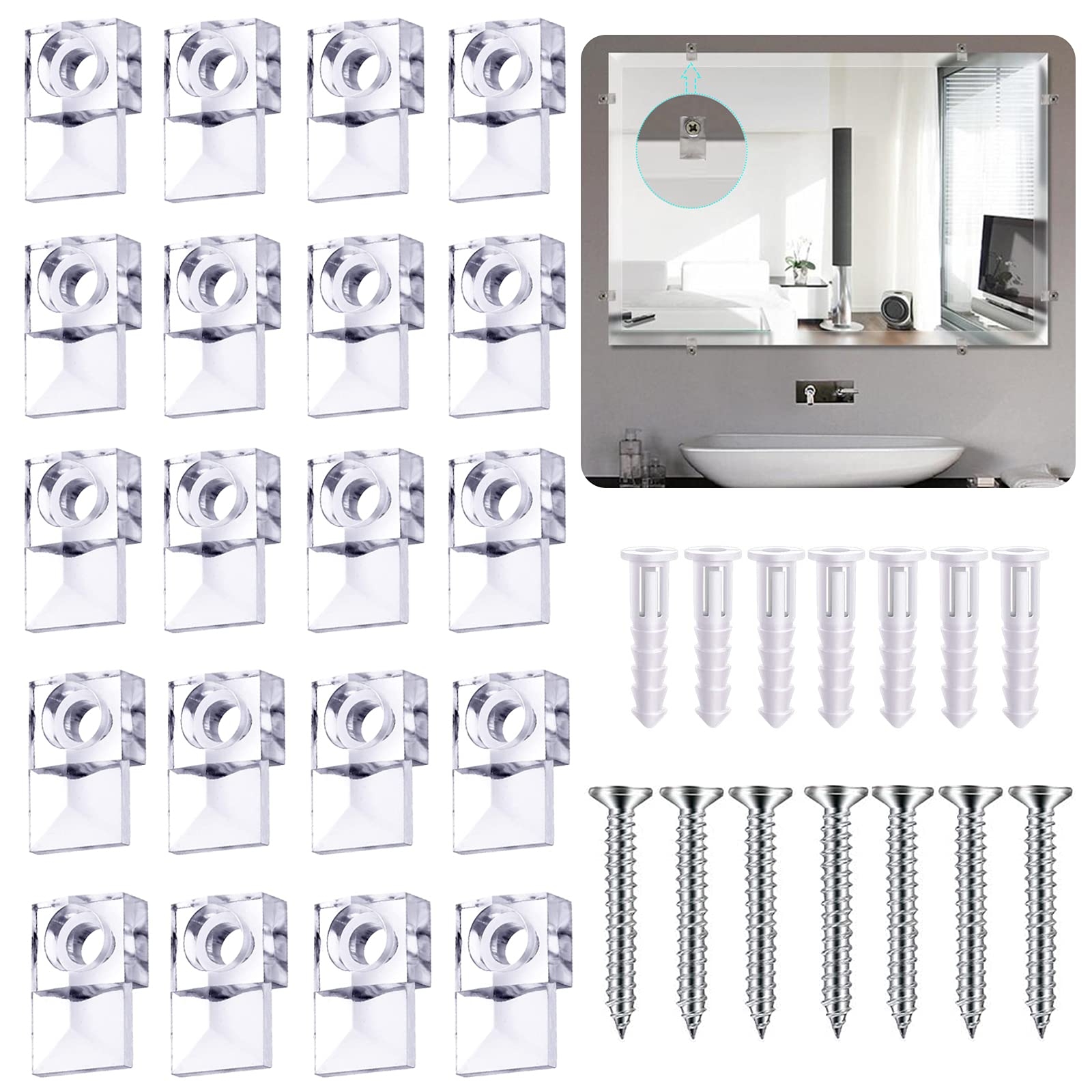 50piece Mirror Holder Clip Glass Crystal Clear Plastic Mirror Clip Fixing Clip Kit with Screws and Mirror Hanging Kit (Silver1)
