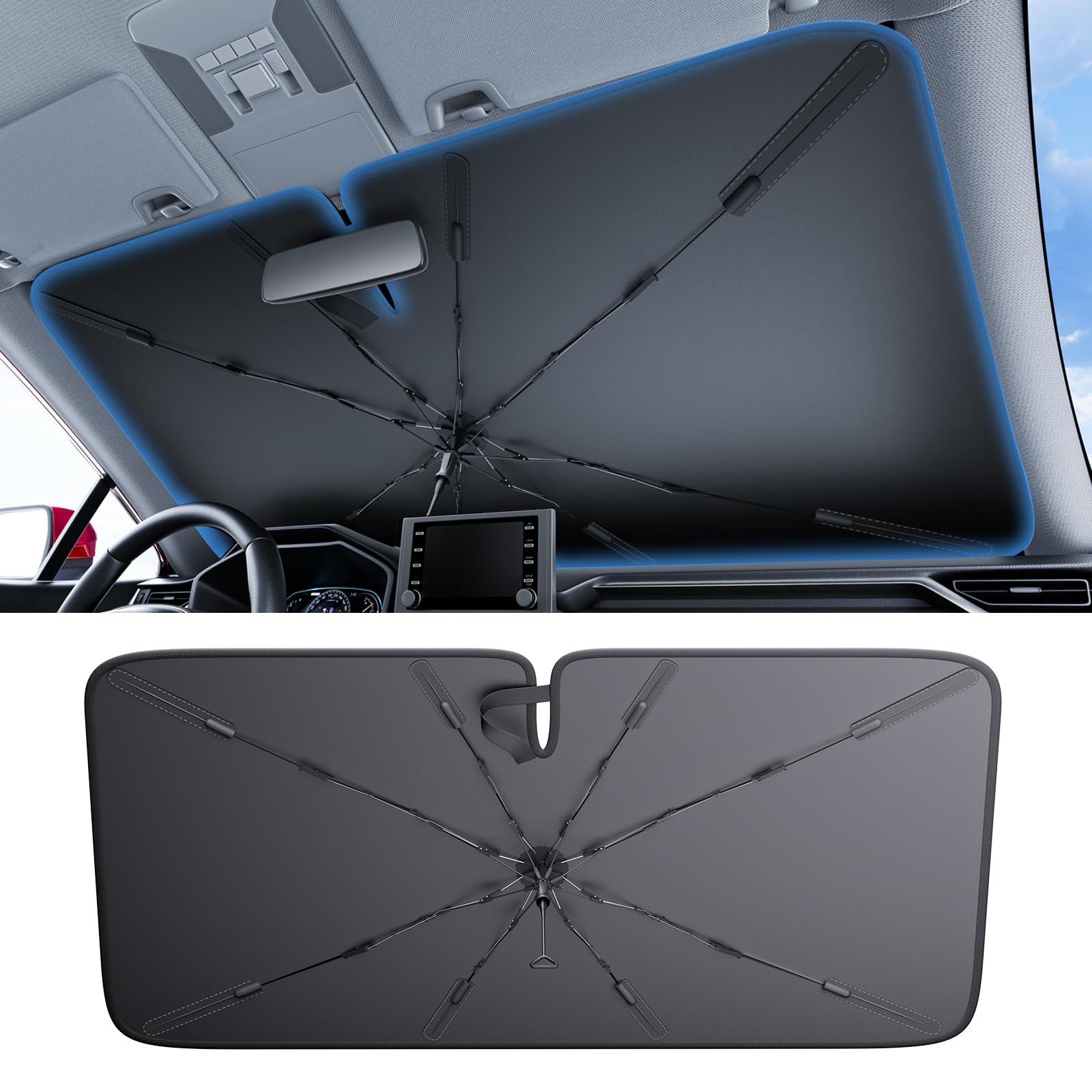 2025 Ice-Shield Car Windshield Sun Shade [100% Sun Block, 4th-Gen Cooling Tech] Reflective Heat Insulation, Portable Foldable Front Window Sunshade Umbrella for SUVs/MPVs - Universal Fit 61"x34"