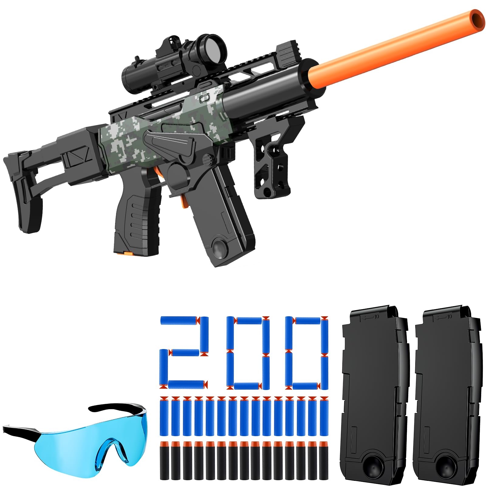 Toy Gun Automatic Sniper Rifle Bullets -Electric Toy Foam Blaster with 200 Darts, 2 Magazines and Grip, Toys for 8-12 Year Old Boys Adults, Birthday Xmas Gift for Kids Age 8+