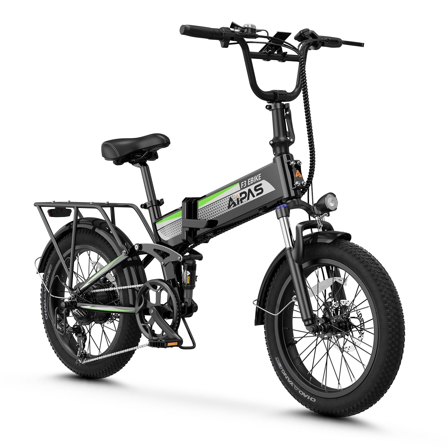 Aipas F3 Electric Bike for Adults with 1500W Motor Peak, 48V 12.8Ah Removable Battery Max 74 Miles 28MPH,20" x 3.0 Fat Tire Folding Electric Bike with 7-Speed and Full Suspension.