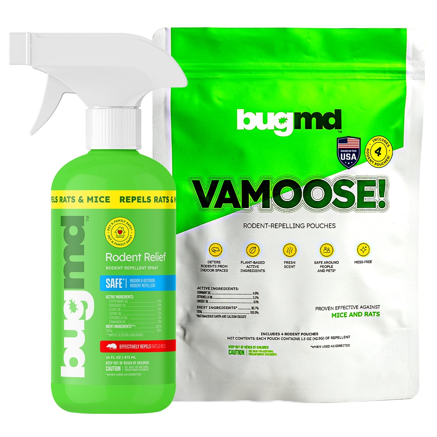 BugMD Vamoose Rodent Repellent Pouches (1 Pack, 4 Pouches) and BugMD Peppermint Oil Spray for Rodents - 16oz Bundle