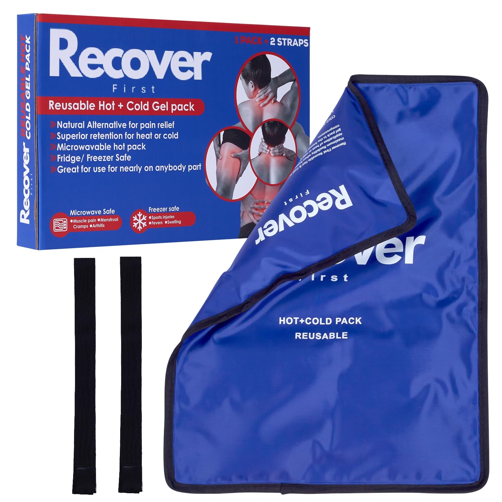 Recover First Large Flexible Gel Ice Pack – Hot & Cold Therapy with 2 Adjustable Straps – Reusable, Leak-Proof & Non-Toxic – for Back, Shoulder, Knee, Ankle, Injury or Post-Surgery Relief